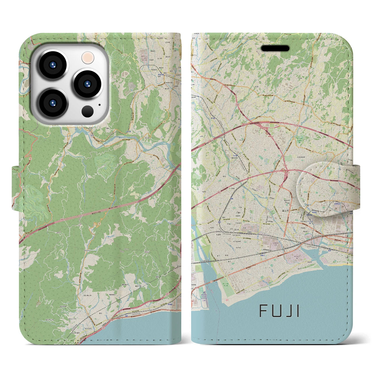 【富士(静岡県)】地図柄iPhoneケース(手帳タイプ)ナチュラル・iPhone 13 Pro 用