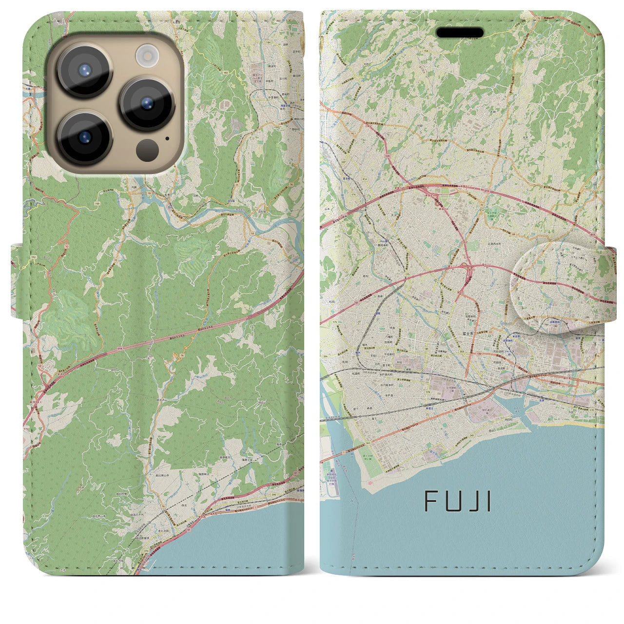 【富士(静岡県)】地図柄iPhoneケース(手帳タイプ)ナチュラル・iPhone 14 Pro Max 用