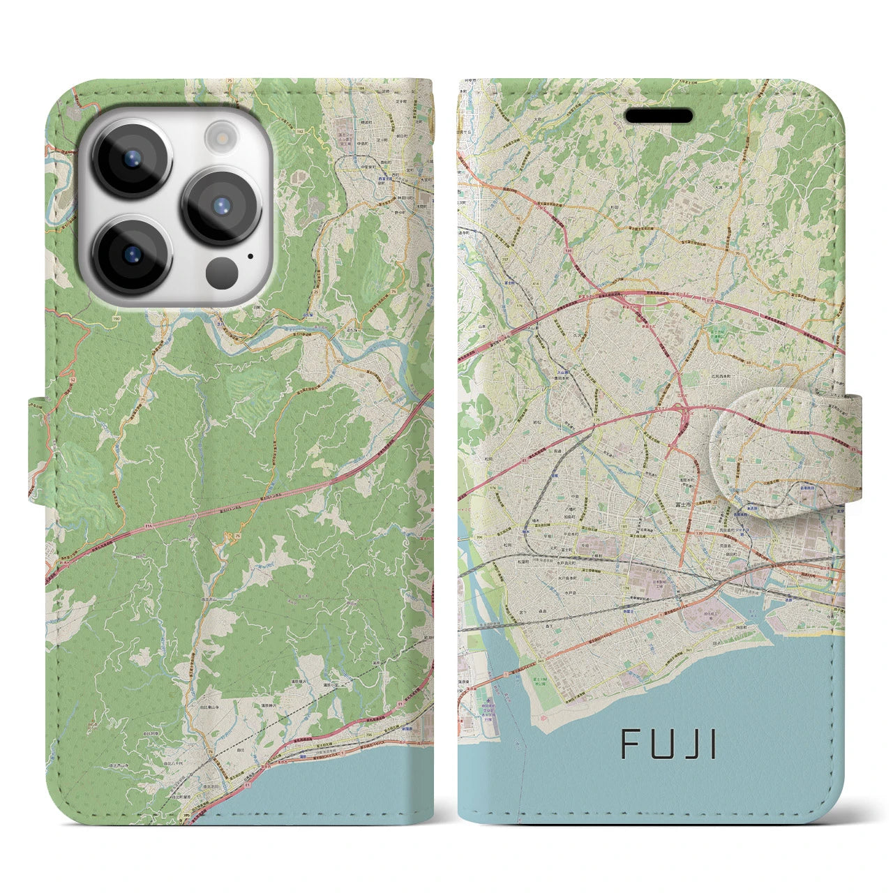 【富士(静岡県)】地図柄iPhoneケース(手帳タイプ)ナチュラル・iPhone 14 Pro 用