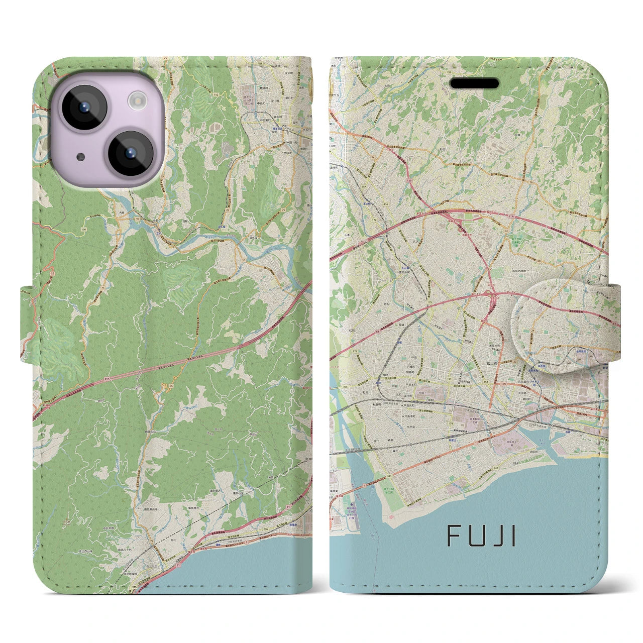 【富士(静岡県)】地図柄iPhoneケース(手帳タイプ)ナチュラル・iPhone 14 用