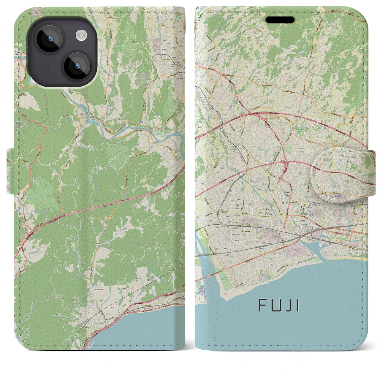 【富士(静岡県)】地図柄iPhoneケース(手帳タイプ)ナチュラル・iPhone 14 Plus 用