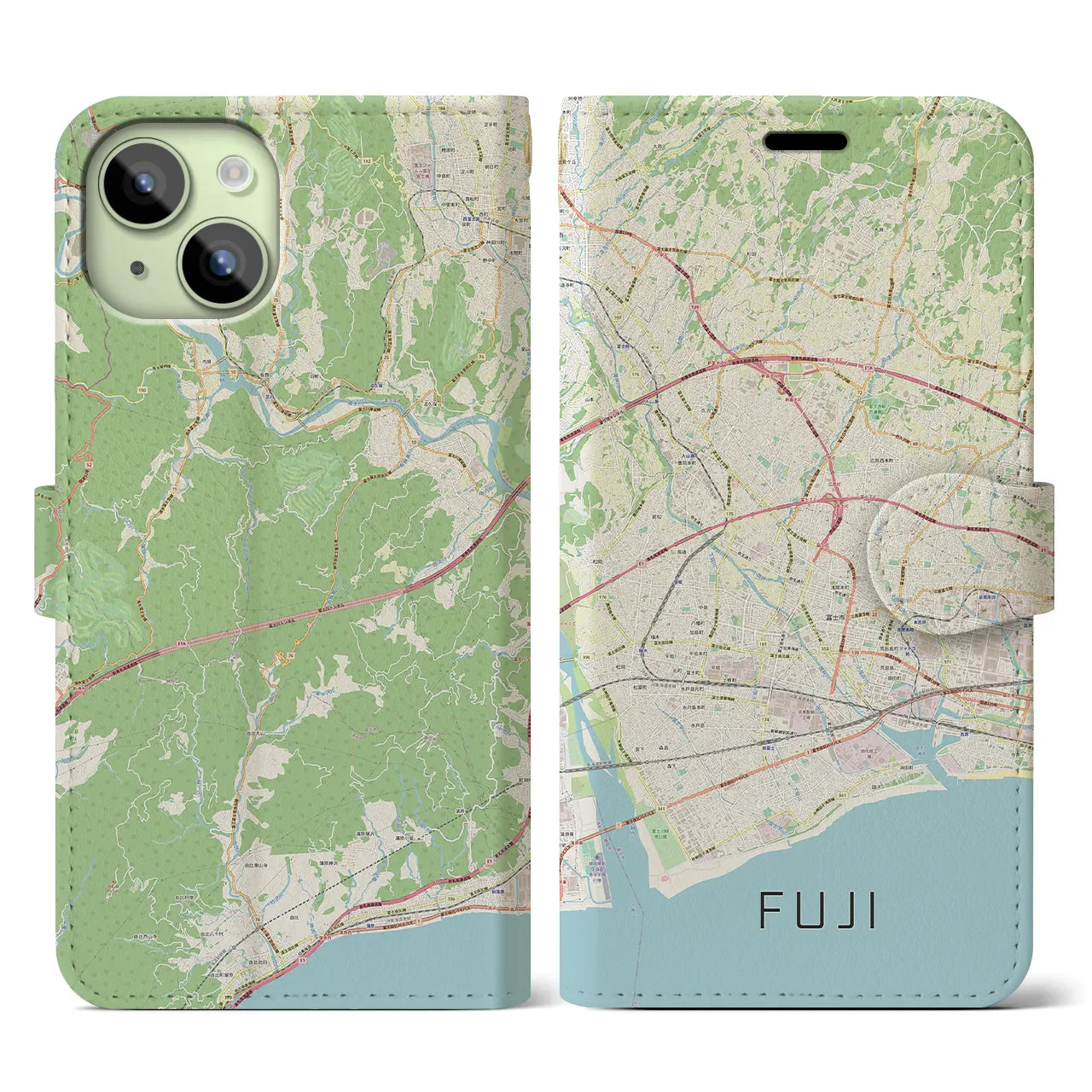 【富士(静岡県)】地図柄iPhoneケース(手帳タイプ)ナチュラル・iPhone 15 用