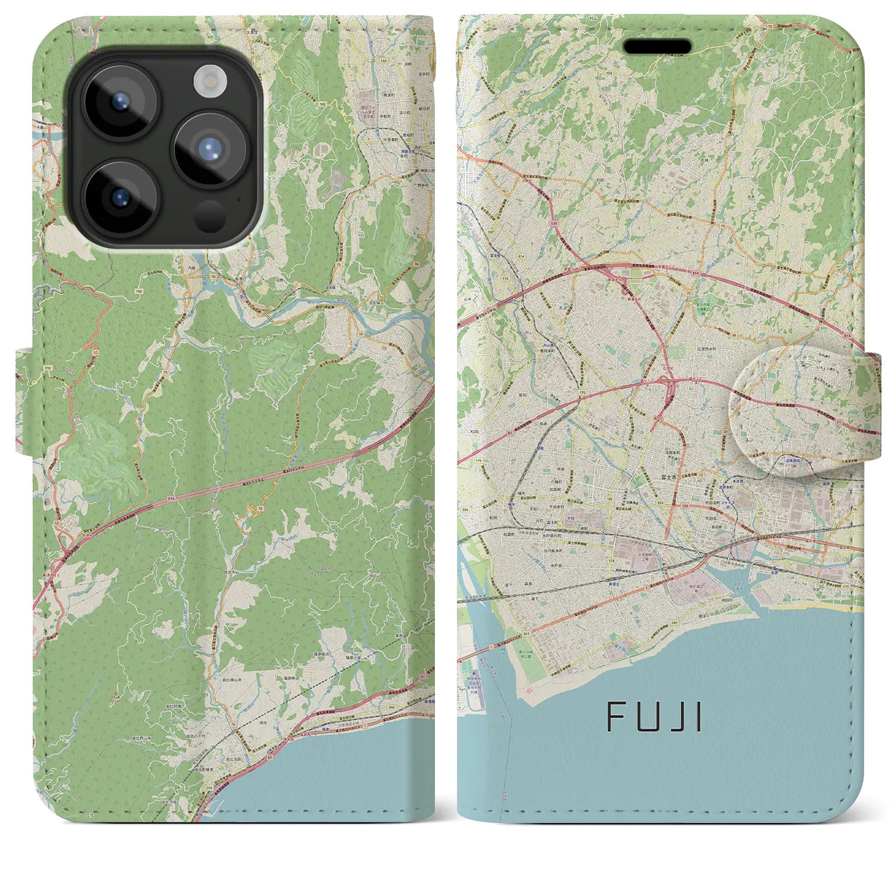 【富士(静岡県)】地図柄iPhoneケース(手帳タイプ)ナチュラル・iPhone 15 Pro Max 用