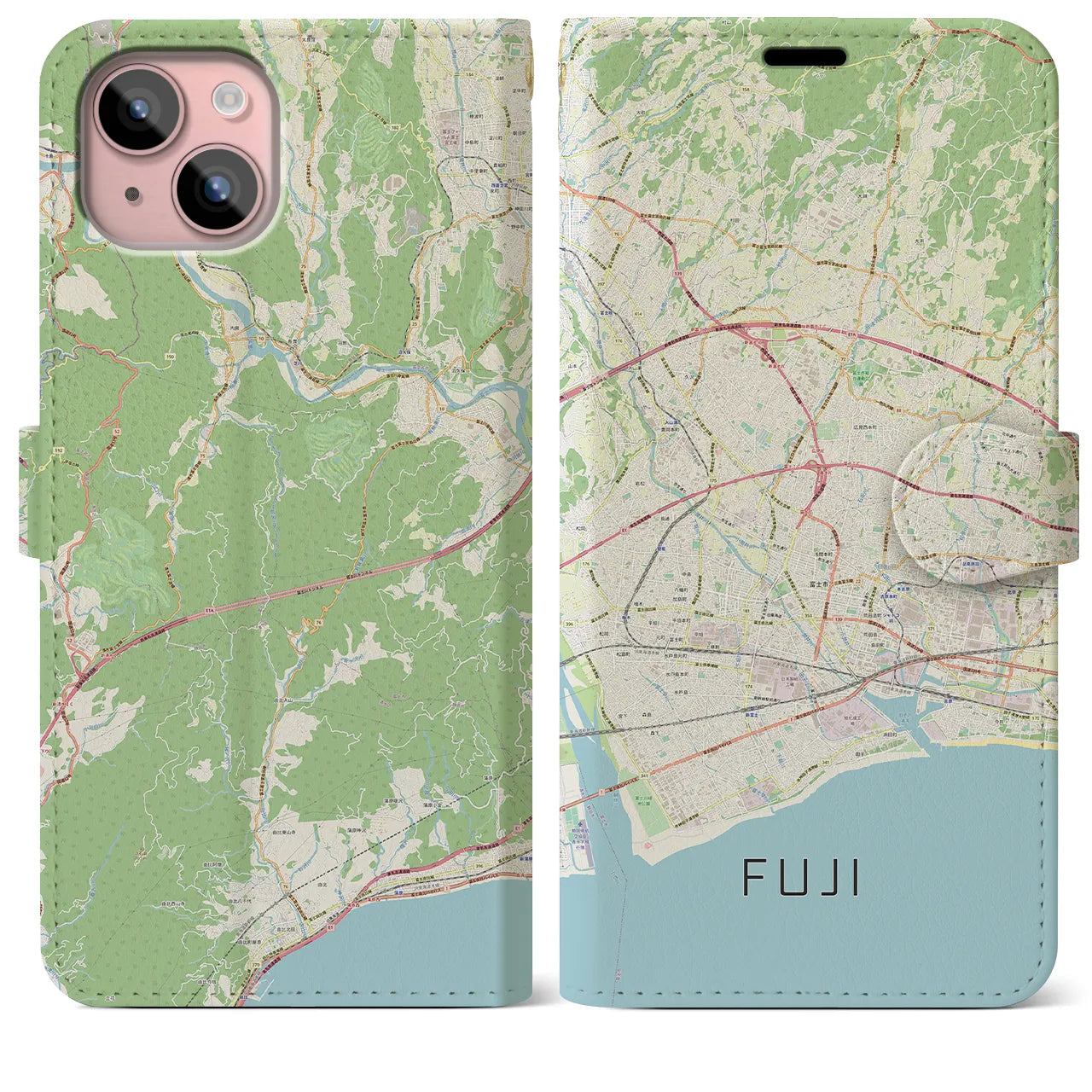 【富士(静岡県)】地図柄iPhoneケース(手帳タイプ)ナチュラル・iPhone 15 Plus 用