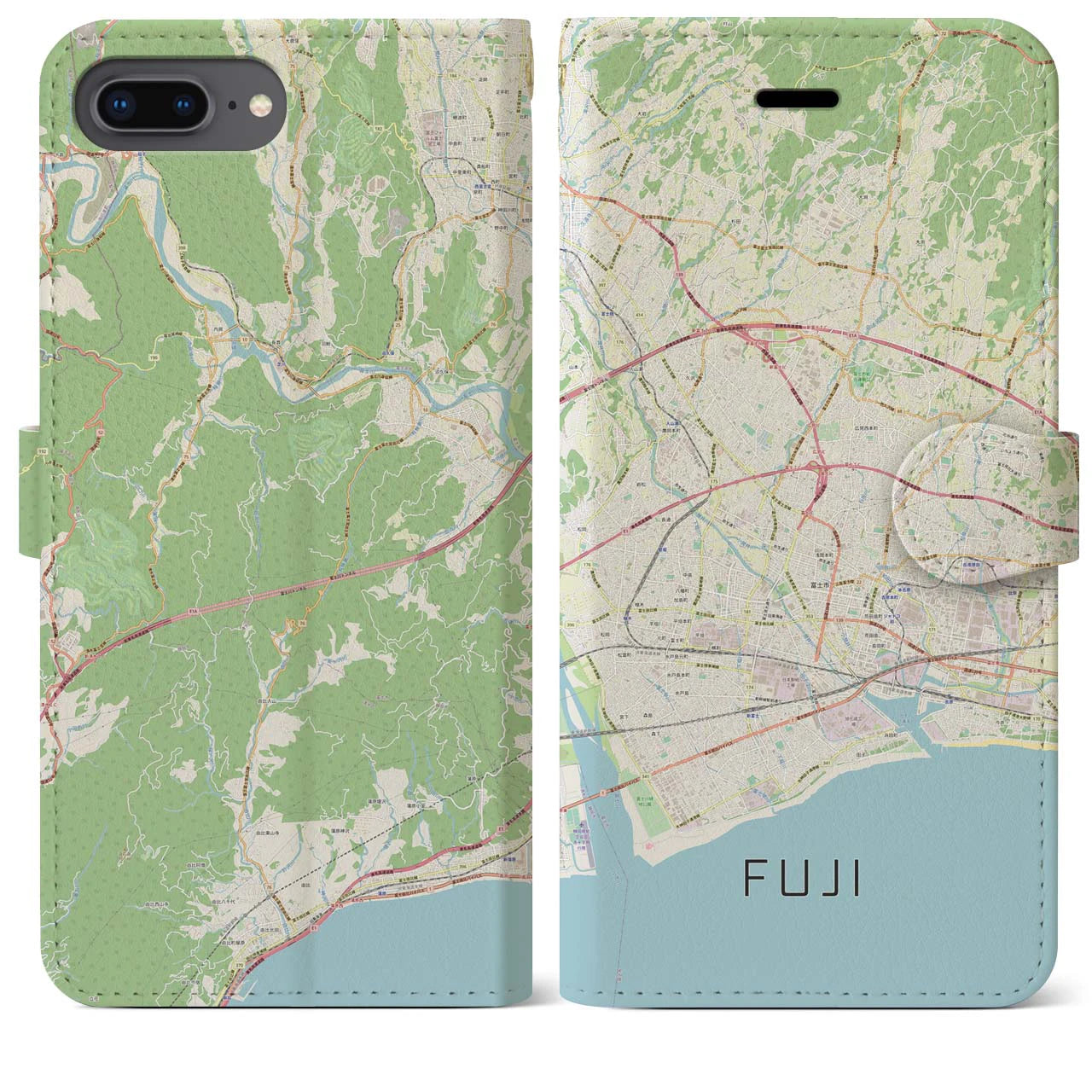 【富士(静岡県)】地図柄iPhoneケース(手帳タイプ)ナチュラル・iPhone 8Plus /7Plus / 6sPlus / 6Plus 用