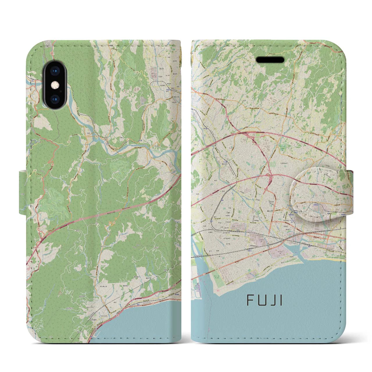 【富士(静岡県)】地図柄iPhoneケース(手帳タイプ)ナチュラル・iPhone XS / X 用
