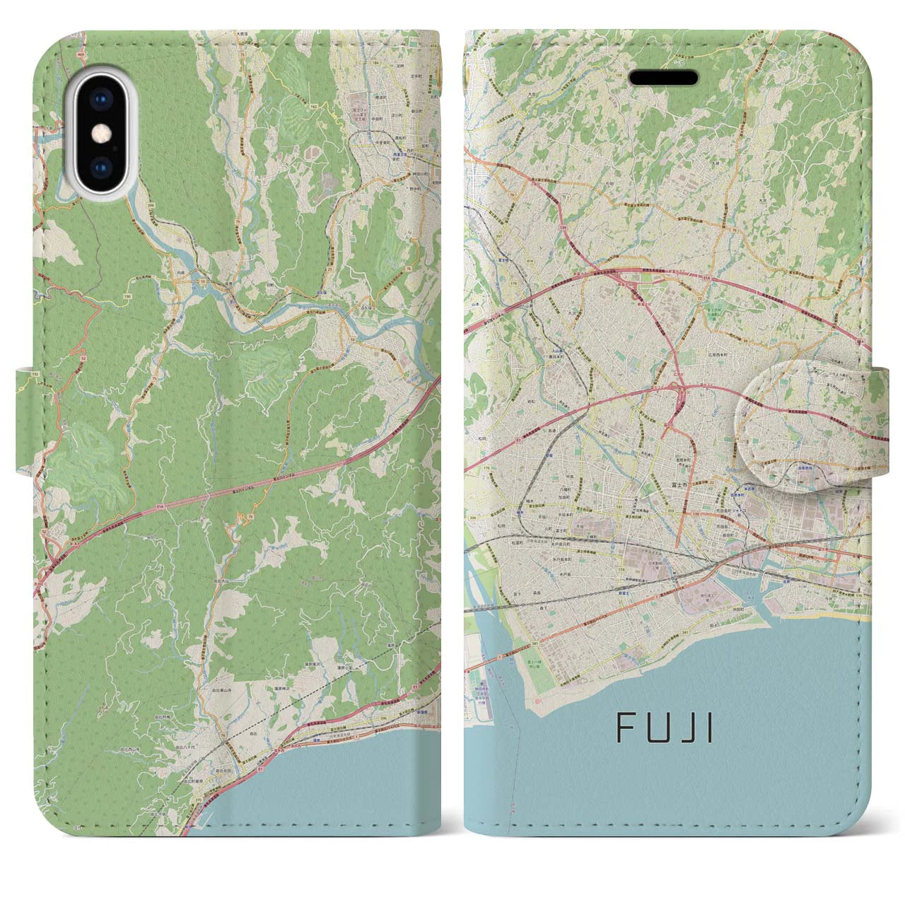 【富士(静岡県)】地図柄iPhoneケース(手帳タイプ)ナチュラル・iPhone XS Max 用