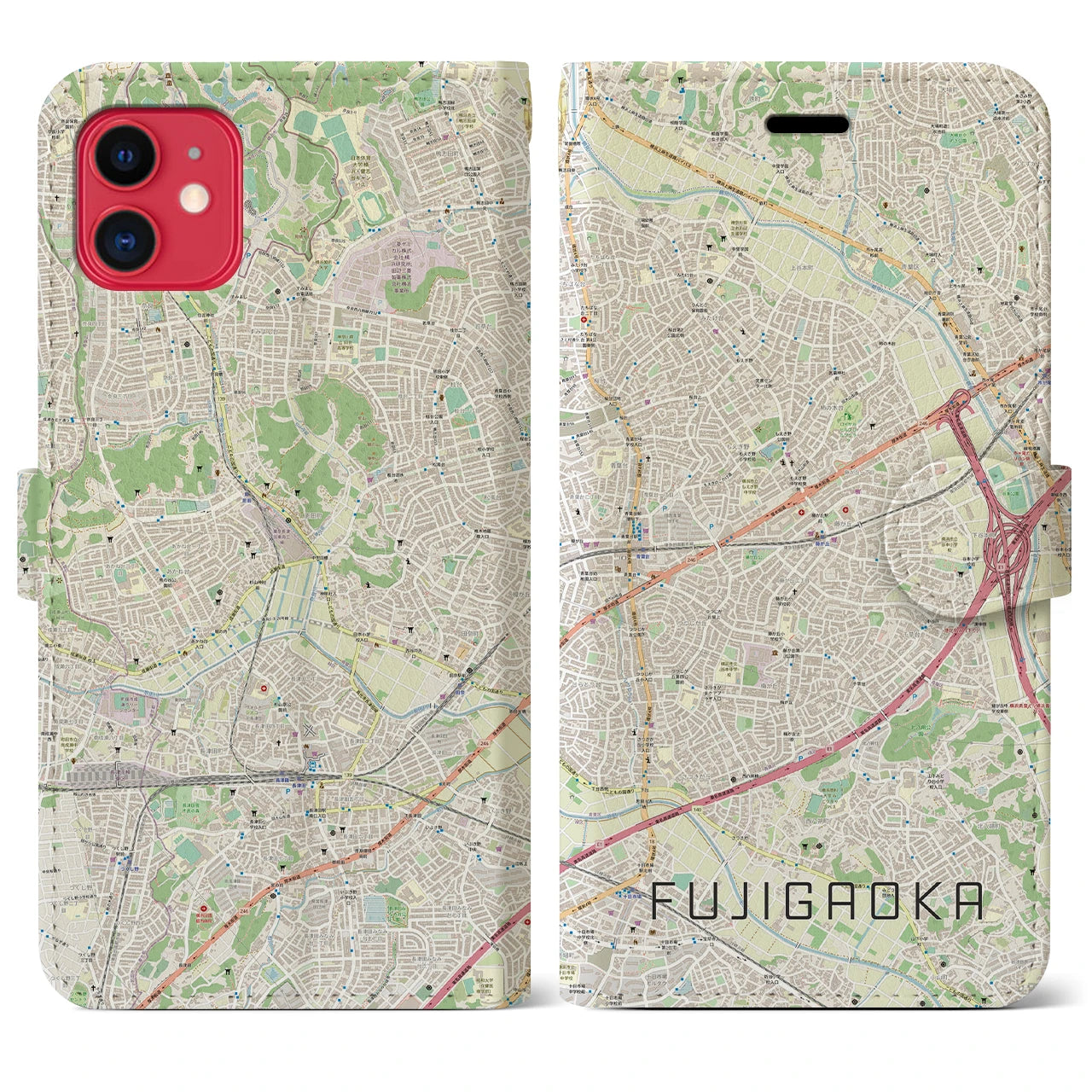 【藤が丘(神奈川県)】地図柄iPhoneケース(手帳タイプ)ナチュラル・iPhone 11 用