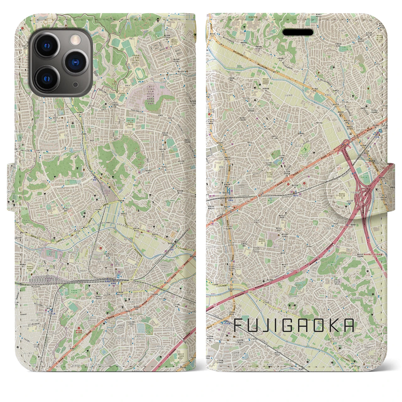 【藤が丘(神奈川県)】地図柄iPhoneケース(手帳タイプ)ナチュラル・iPhone 11 Pro Max 用