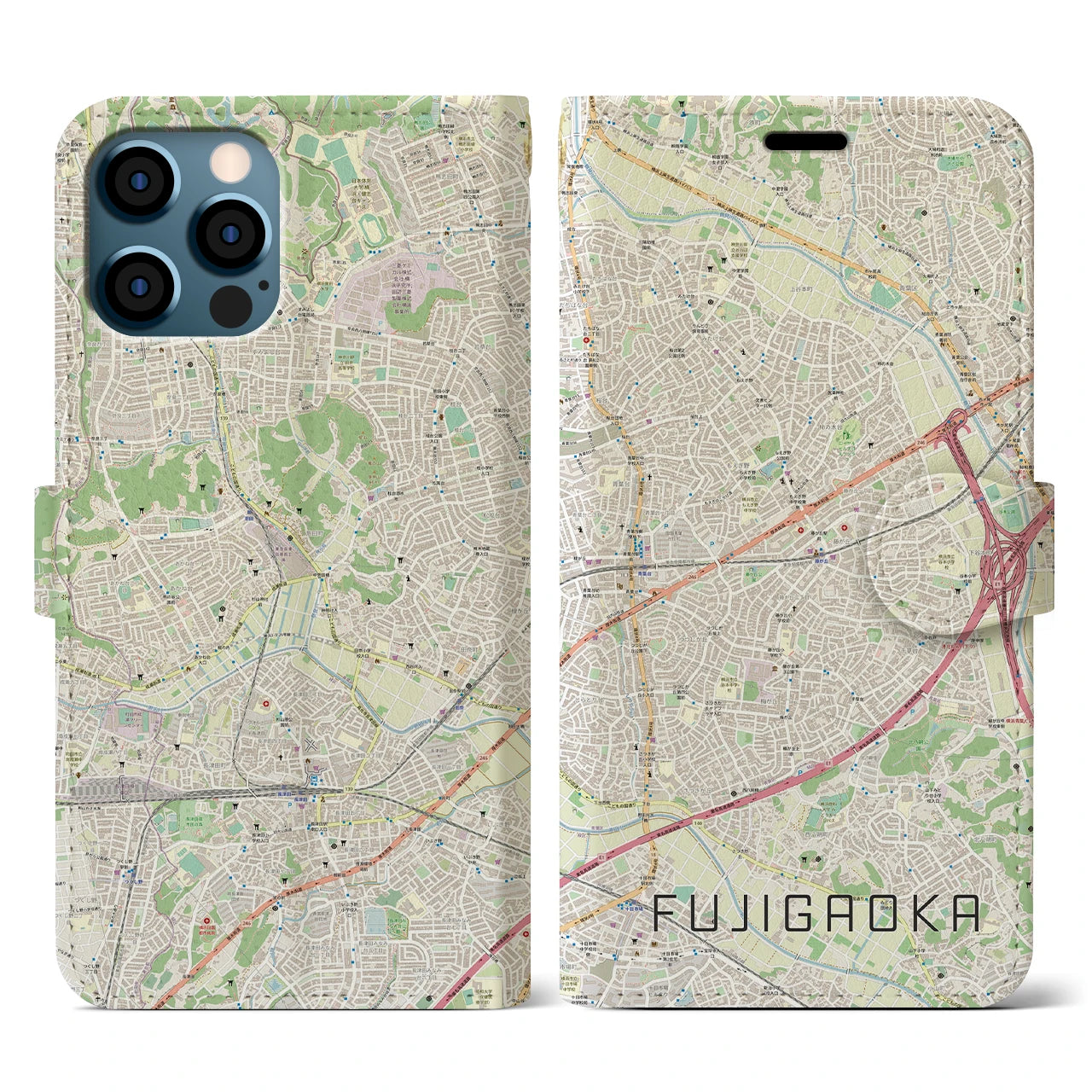 【藤が丘(神奈川県)】地図柄iPhoneケース(手帳タイプ)ナチュラル・iPhone 12 / 12 Pro 用