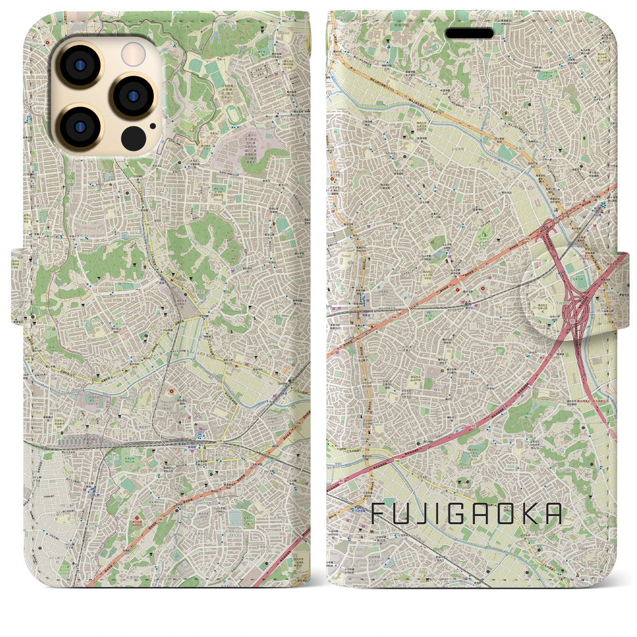 【藤が丘(神奈川県)】地図柄iPhoneケース(手帳タイプ)ナチュラル・iPhone 12 Pro Max 用