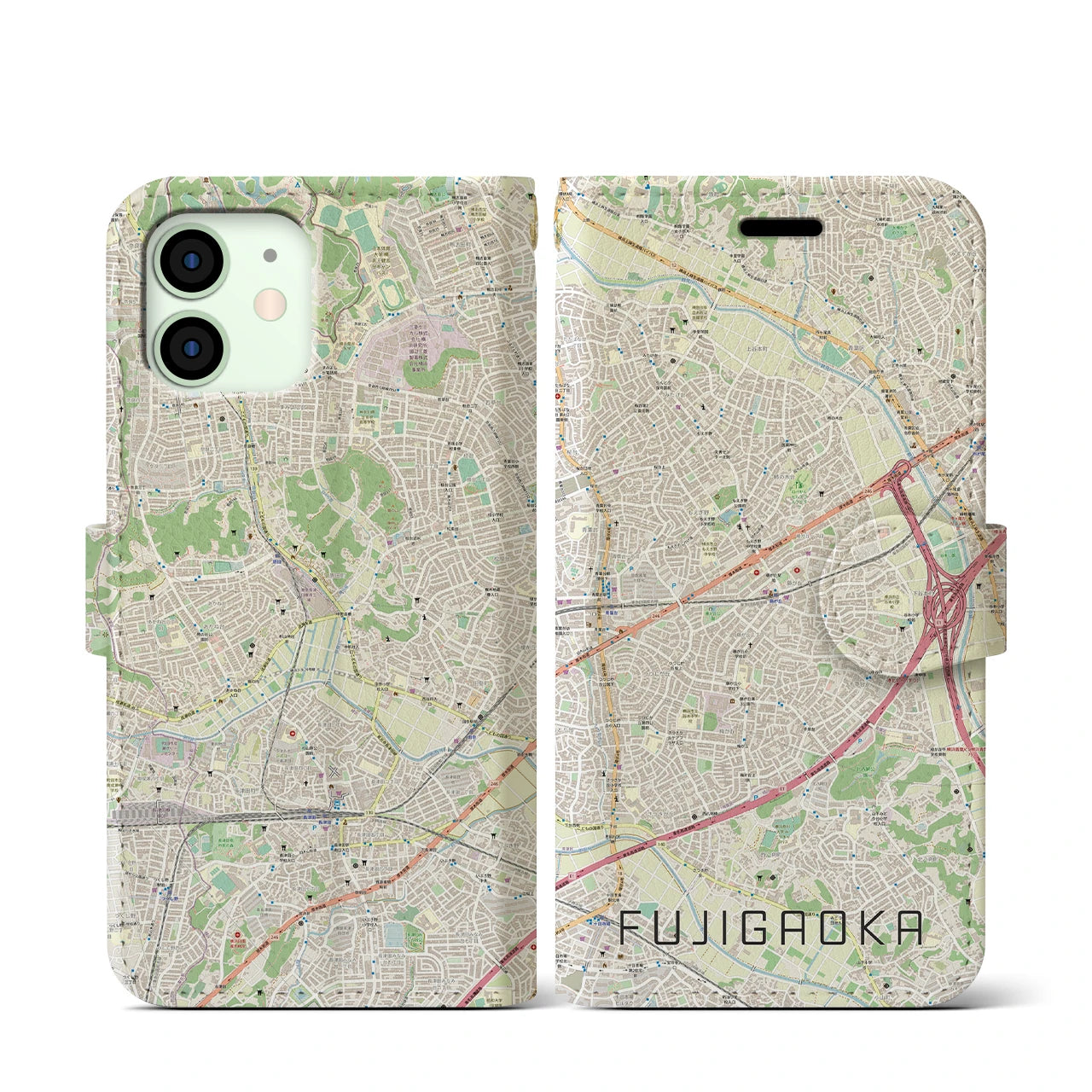 【藤が丘(神奈川県)】地図柄iPhoneケース(手帳タイプ)ナチュラル・iPhone 12 mini 用