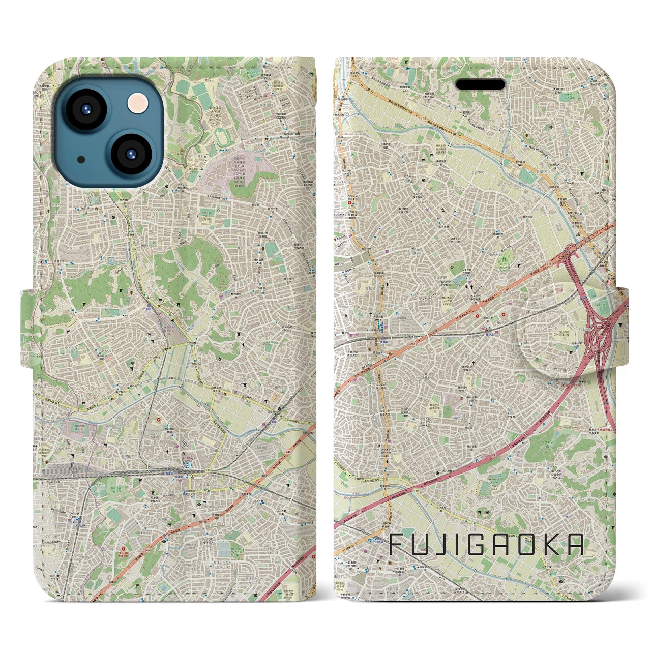 【藤が丘(神奈川県)】地図柄iPhoneケース(手帳タイプ)ナチュラル・iPhone 13 用