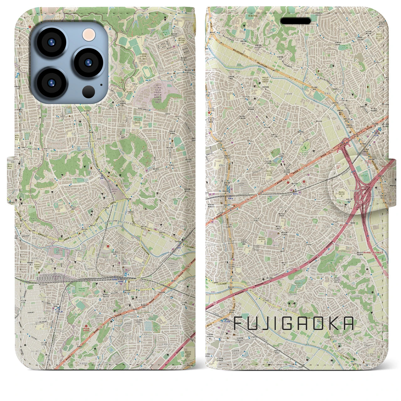 【藤が丘(神奈川県)】地図柄iPhoneケース(手帳タイプ)ナチュラル・iPhone 13 Pro Max 用