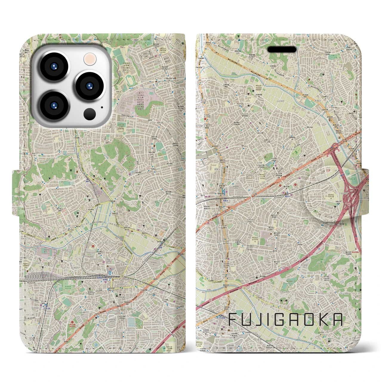 【藤が丘(神奈川県)】地図柄iPhoneケース(手帳タイプ)ナチュラル・iPhone 13 Pro 用