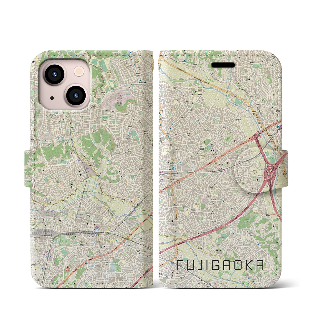 【藤が丘(神奈川県)】地図柄iPhoneケース(手帳タイプ)ナチュラル・iPhone 13 mini 用