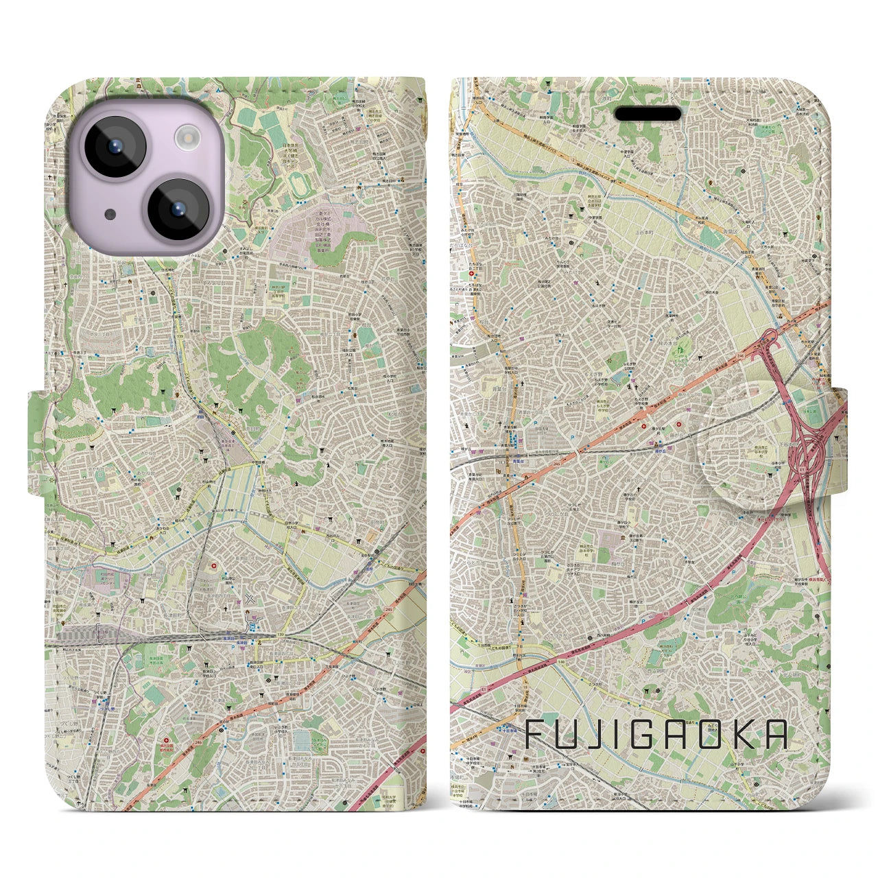 【藤が丘(神奈川県)】地図柄iPhoneケース(手帳タイプ)ナチュラル・iPhone 14 用