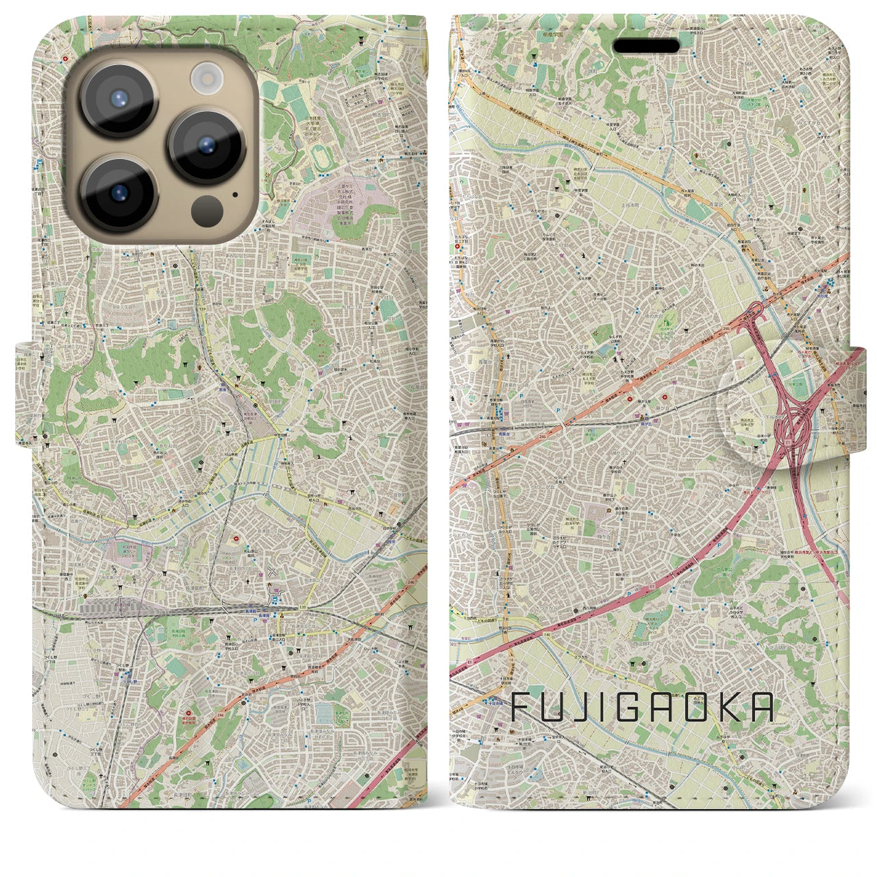 【藤が丘(神奈川県)】地図柄iPhoneケース(手帳タイプ)ナチュラル・iPhone 14 Pro Max 用