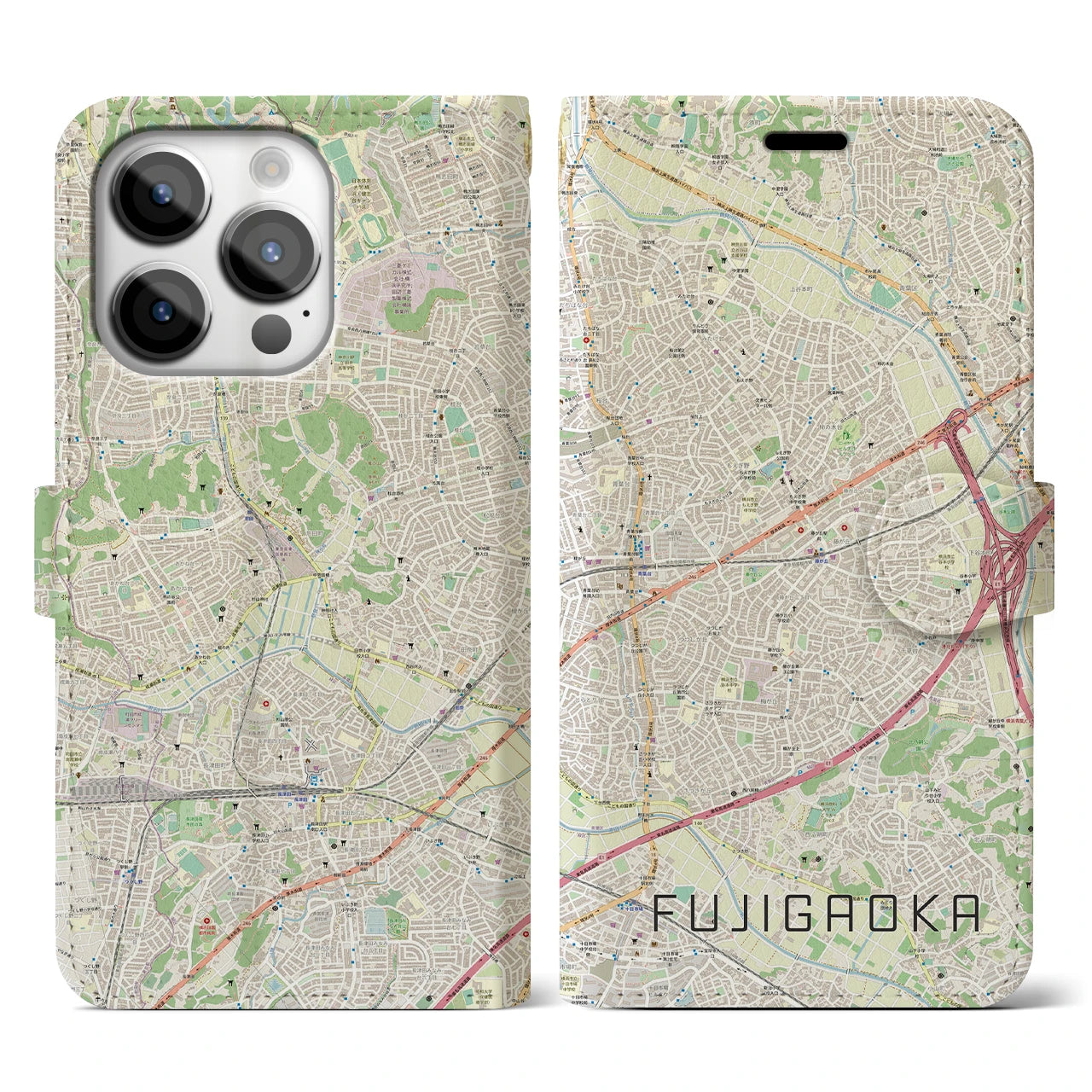 【藤が丘(神奈川県)】地図柄iPhoneケース(手帳タイプ)ナチュラル・iPhone 14 Pro 用