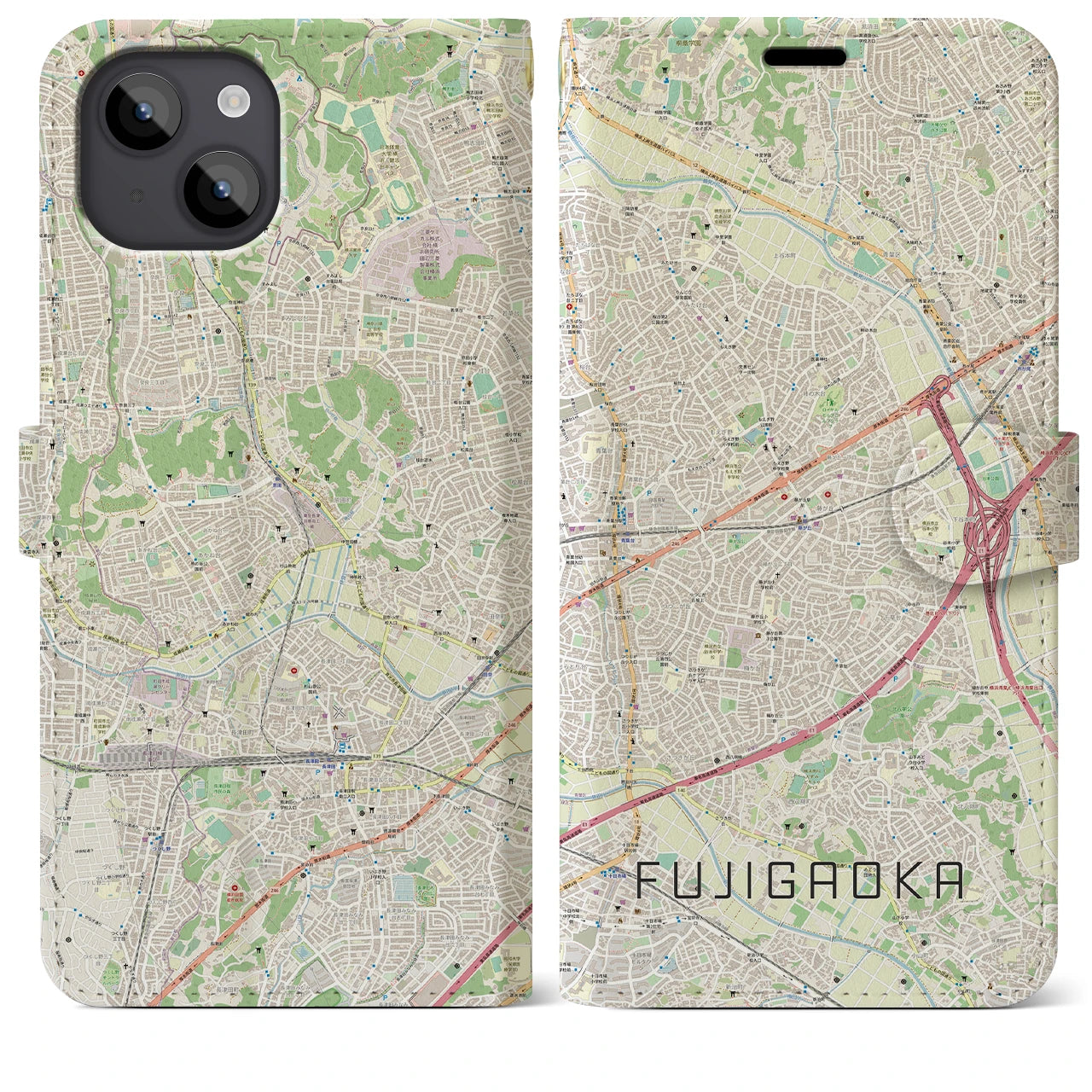 【藤が丘(神奈川県)】地図柄iPhoneケース(手帳タイプ)ナチュラル・iPhone 14 Plus 用