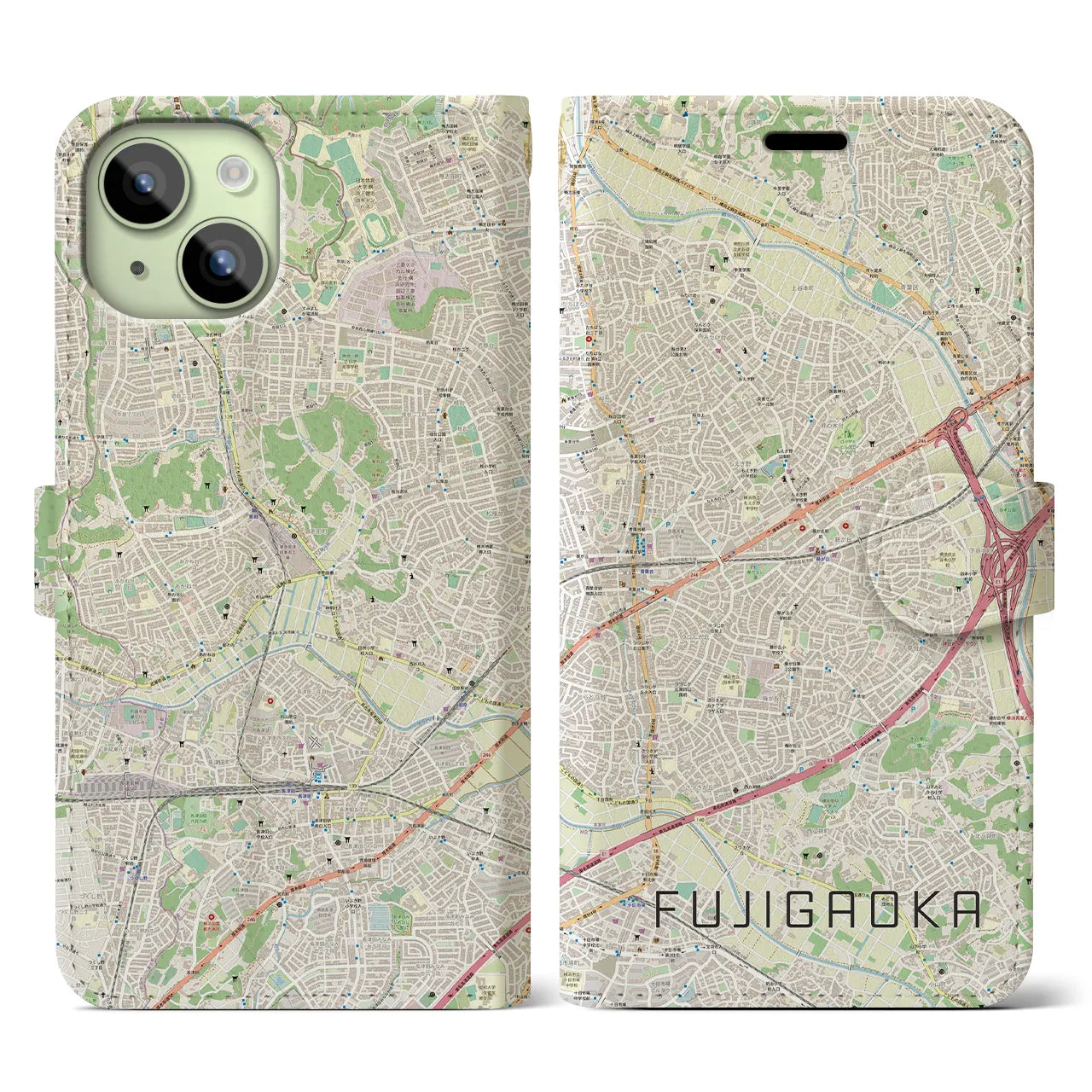 【藤が丘(神奈川県)】地図柄iPhoneケース(手帳タイプ)ナチュラル・iPhone 15 用