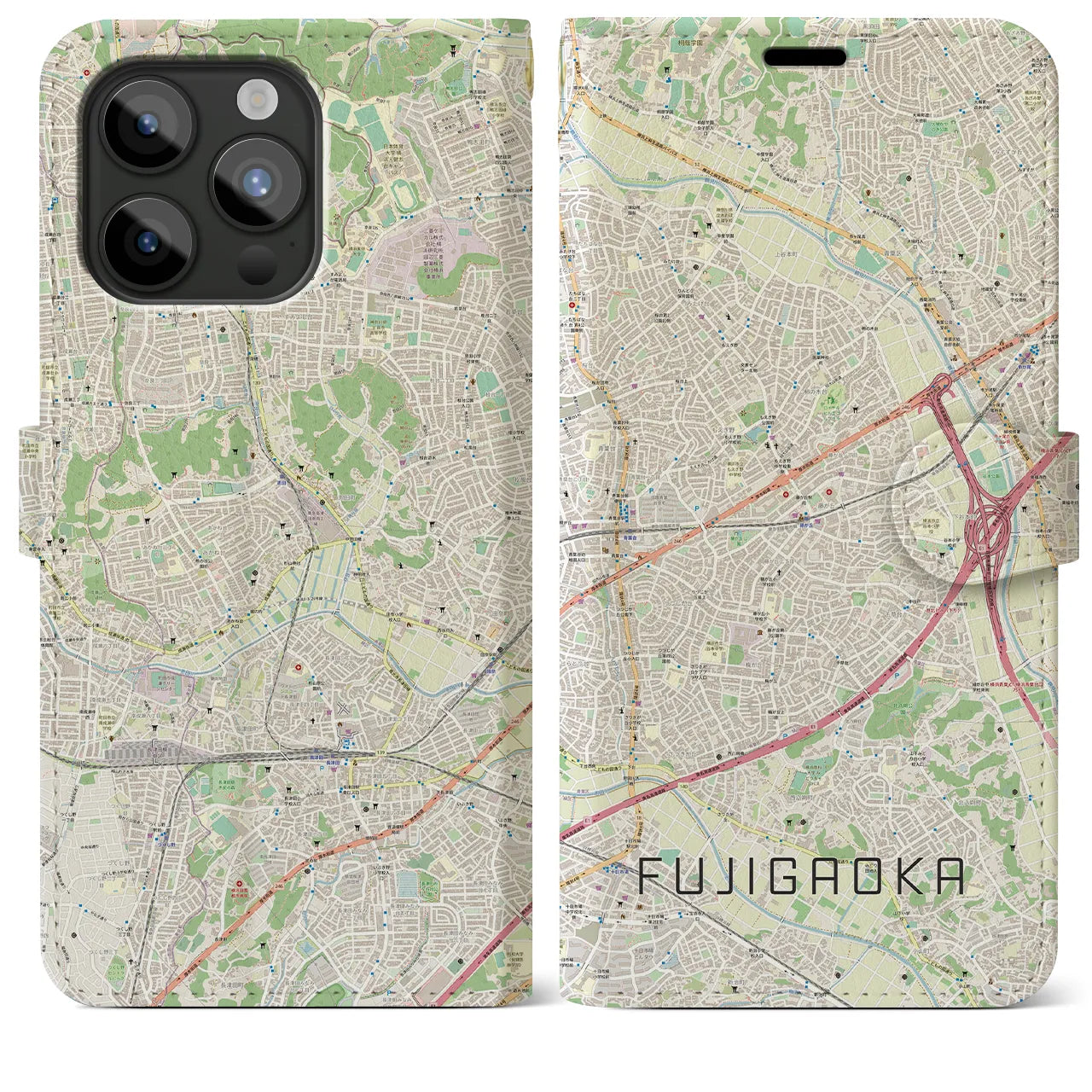 【藤が丘(神奈川県)】地図柄iPhoneケース(手帳タイプ)ナチュラル・iPhone 15 Pro Max 用