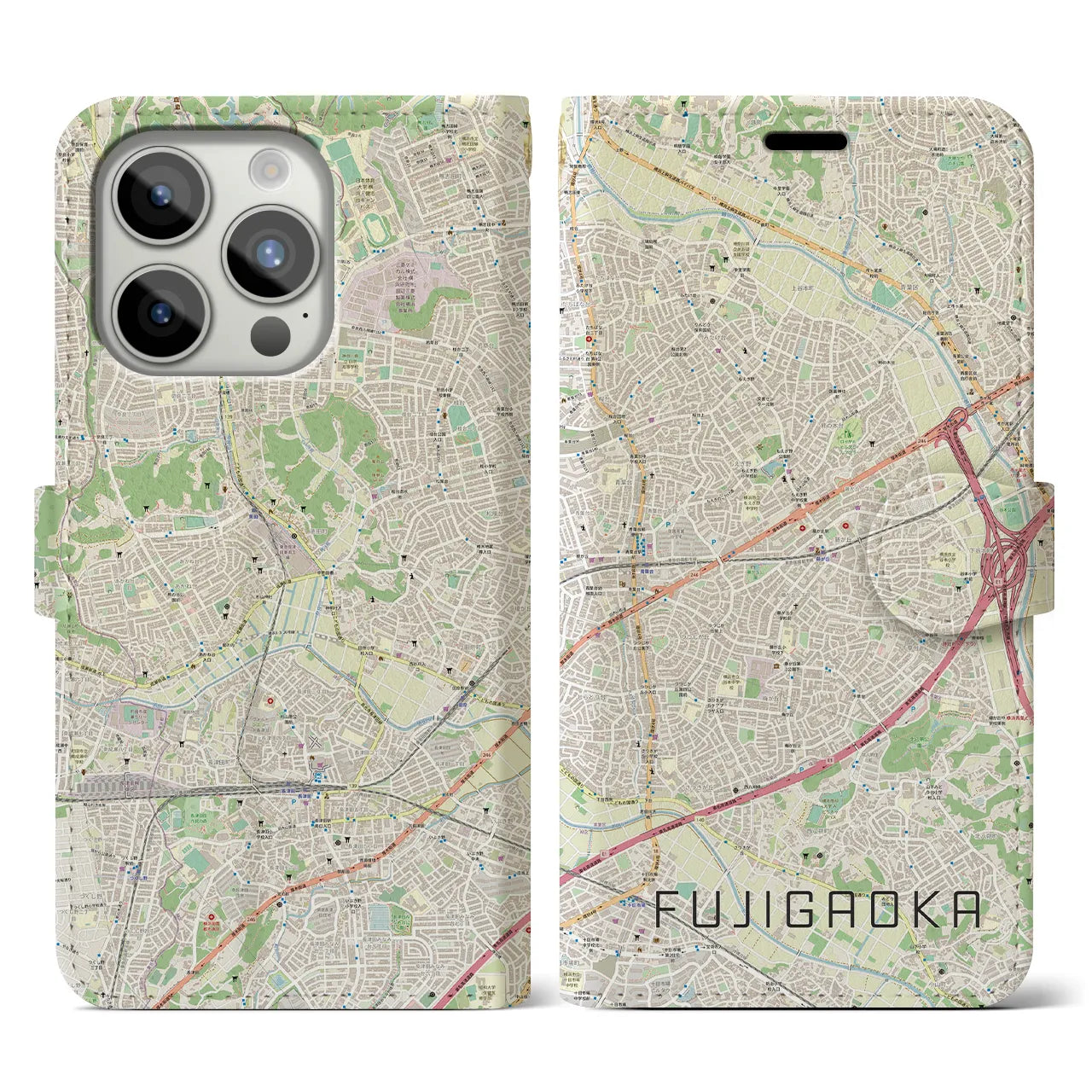 【藤が丘(神奈川県)】地図柄iPhoneケース(手帳タイプ)ナチュラル・iPhone 15 Pro 用