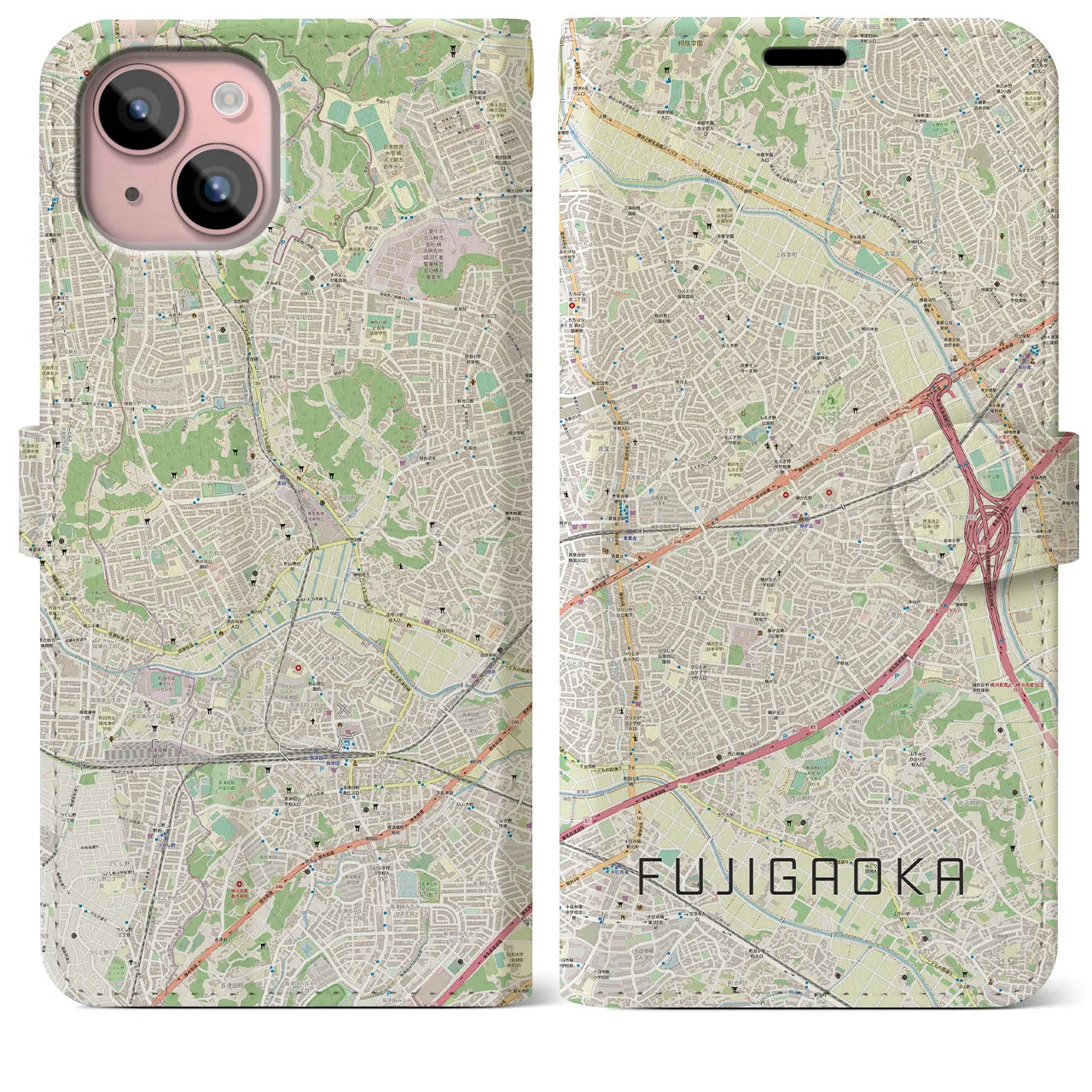 【藤が丘(神奈川県)】地図柄iPhoneケース(手帳タイプ)ナチュラル・iPhone 15 Plus 用