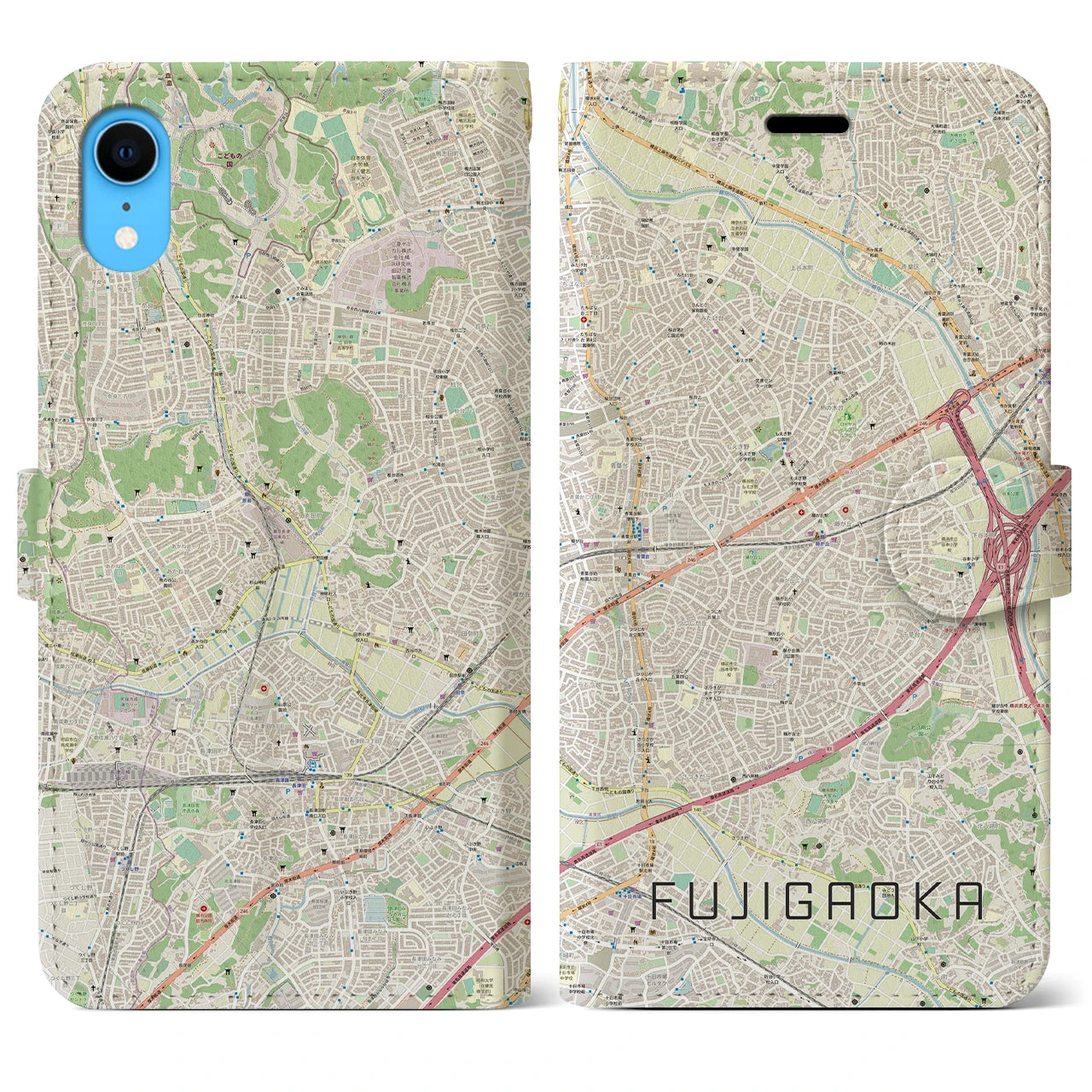 【藤が丘(神奈川県)】地図柄iPhoneケース(手帳タイプ)ナチュラル・iPhone XR 用
