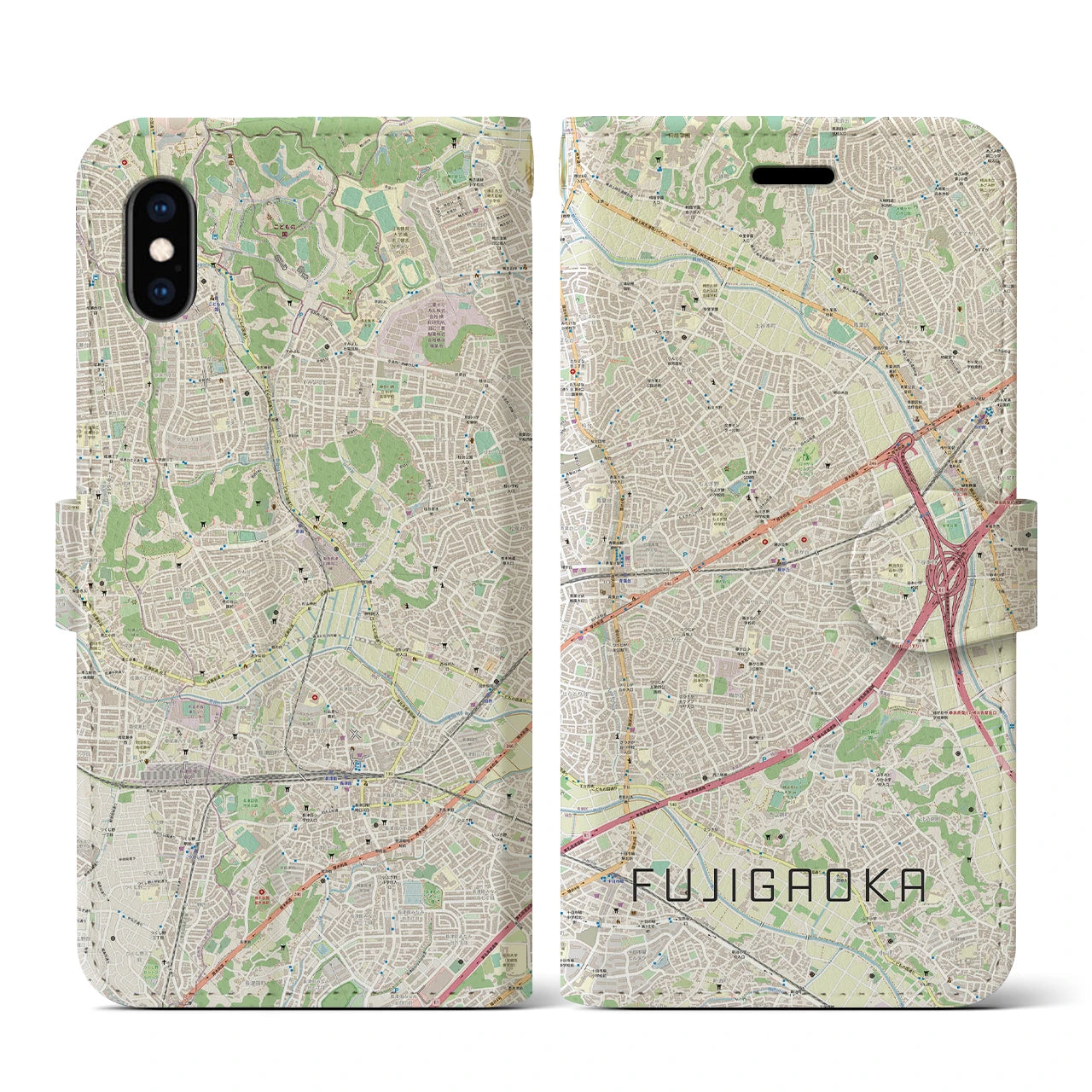 【藤が丘(神奈川県)】地図柄iPhoneケース(手帳タイプ)ナチュラル・iPhone XS / X 用