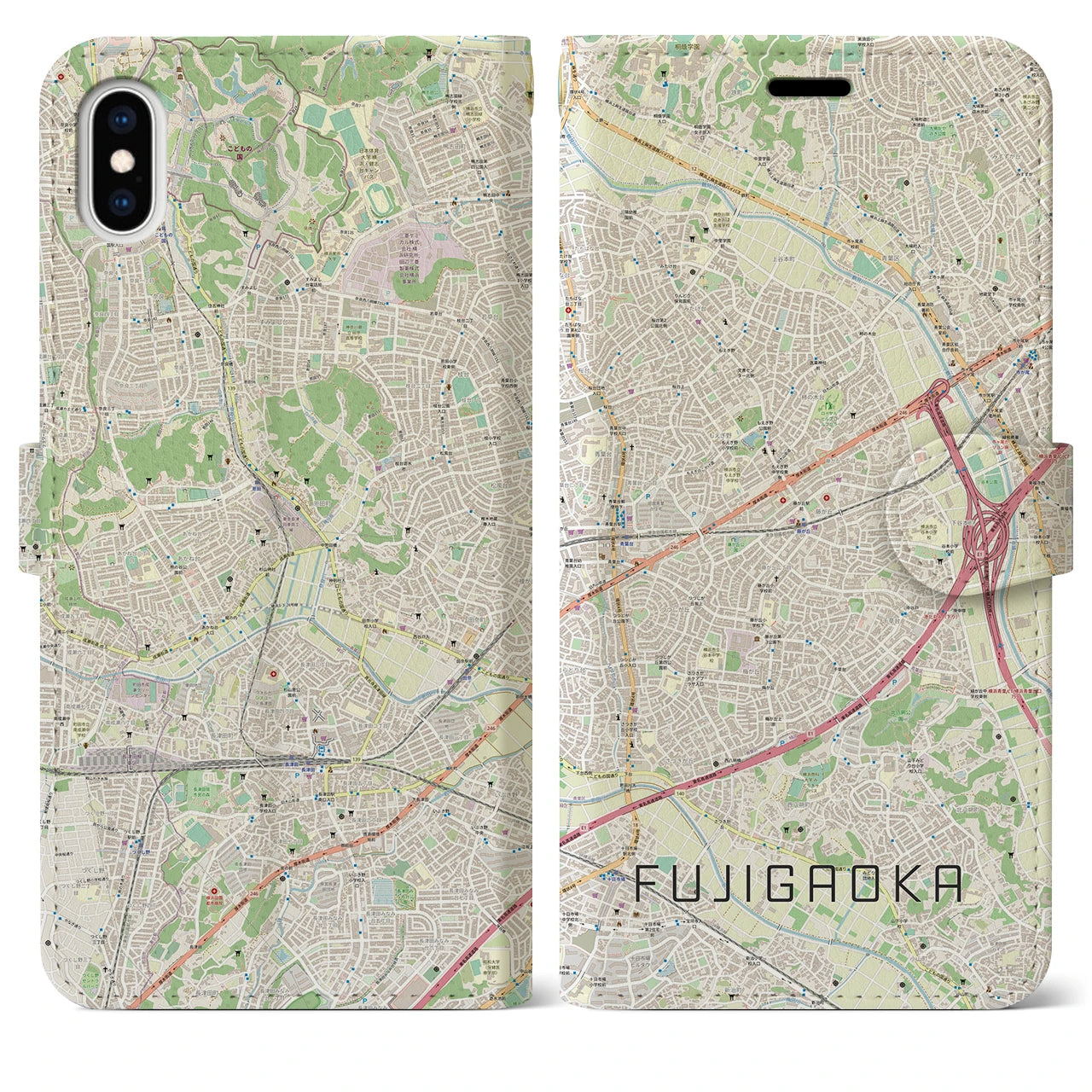 【藤が丘(神奈川県)】地図柄iPhoneケース(手帳タイプ)ナチュラル・iPhone XS Max 用