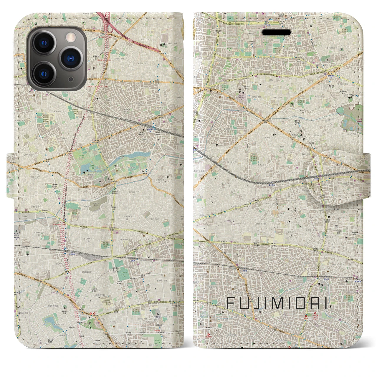 【富士見台(東京都)】地図柄iPhoneケース(手帳タイプ)ナチュラル・iPhone 11 Pro Max 用