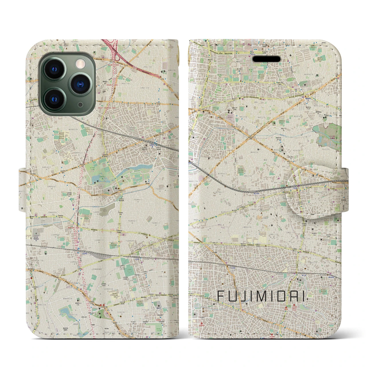 【富士見台(東京都)】地図柄iPhoneケース(手帳タイプ)ナチュラル・iPhone 11 Pro 用