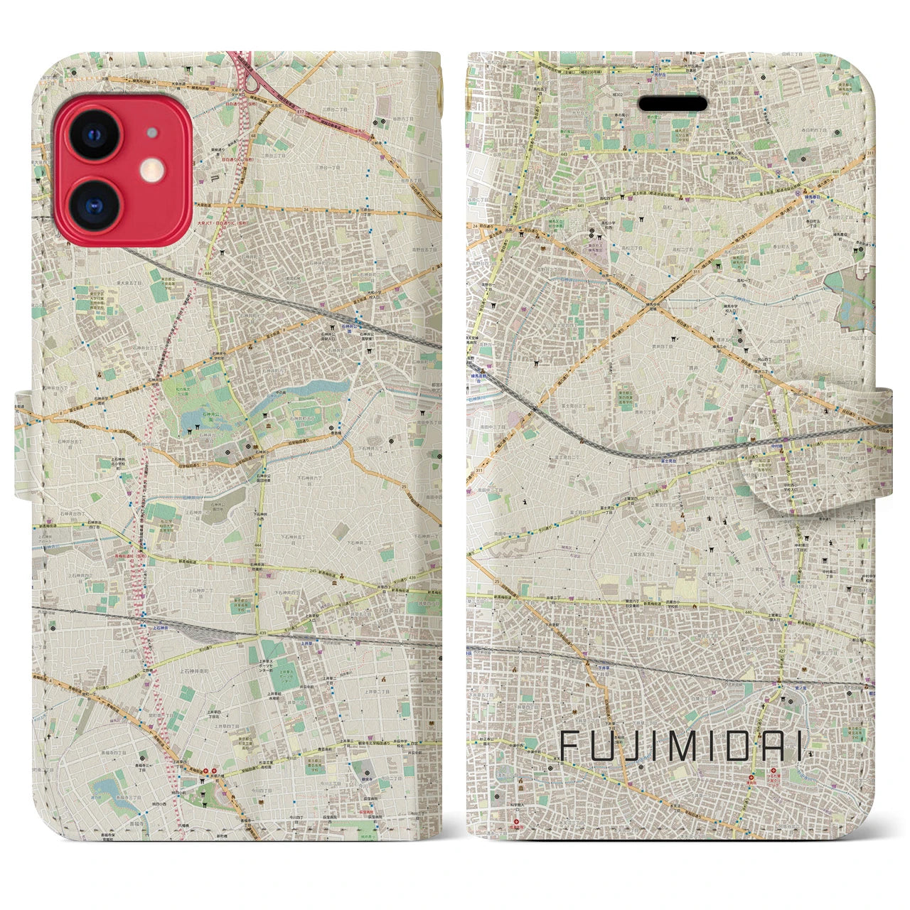 【富士見台(東京都)】地図柄iPhoneケース(手帳タイプ)ナチュラル・iPhone 11 用