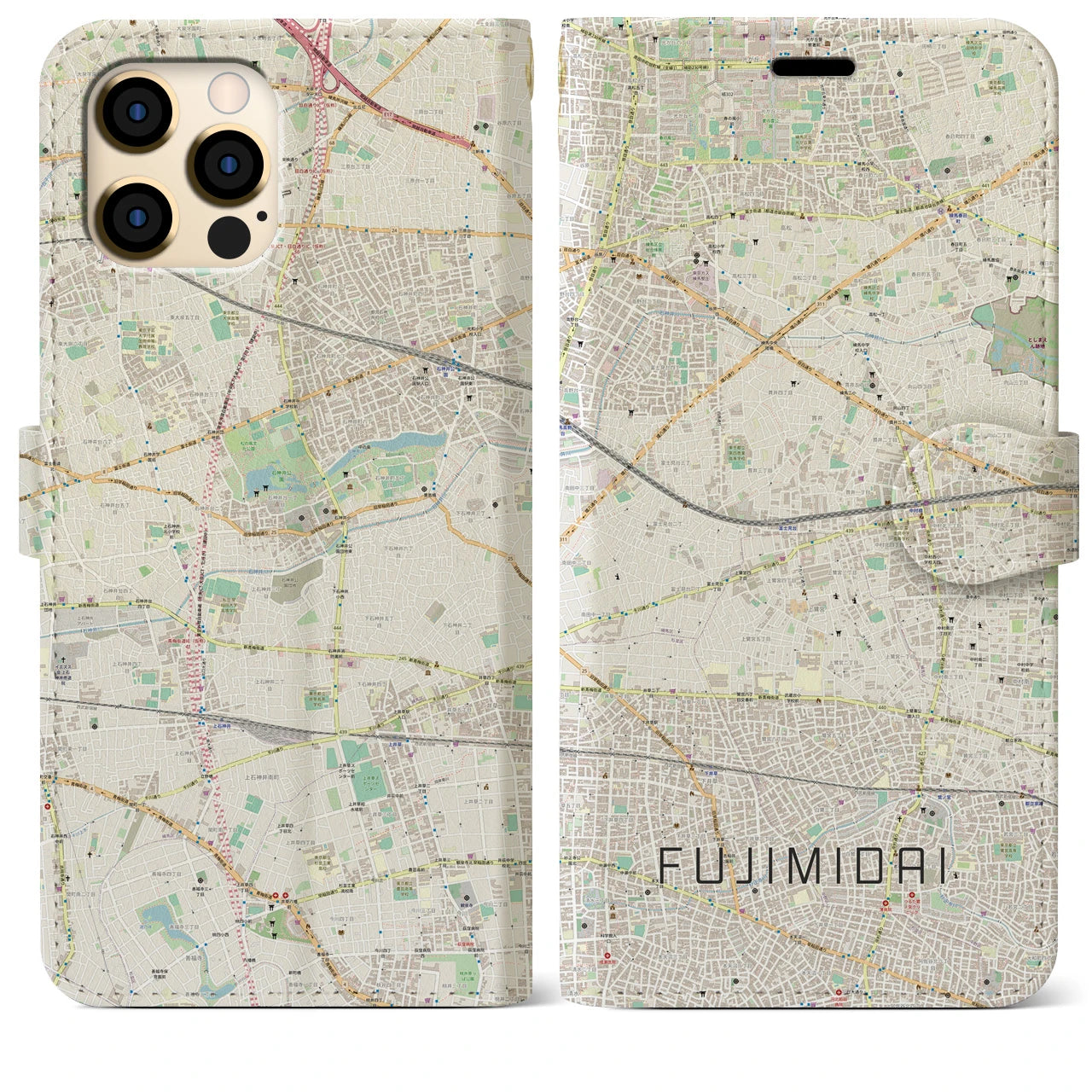 【富士見台(東京都)】地図柄iPhoneケース(手帳タイプ)ナチュラル・iPhone 12 Pro Max 用