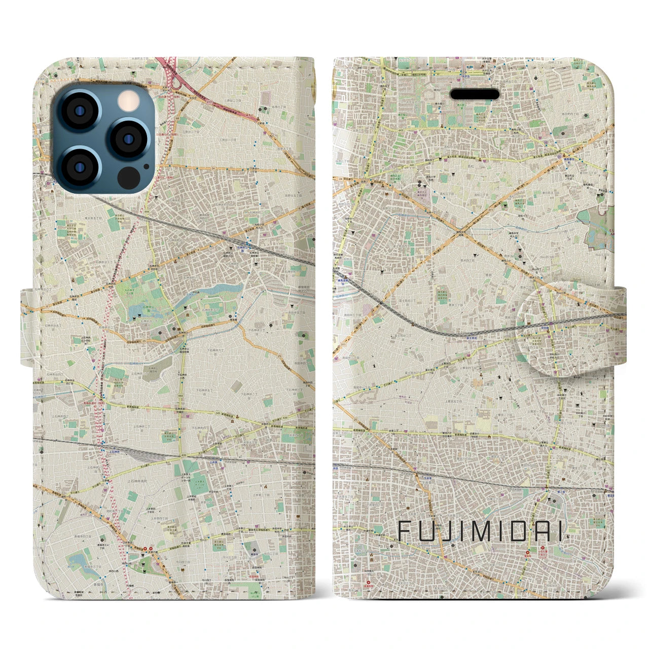 【富士見台(東京都)】地図柄iPhoneケース(手帳タイプ)ナチュラル・iPhone 12 / 12 Pro 用
