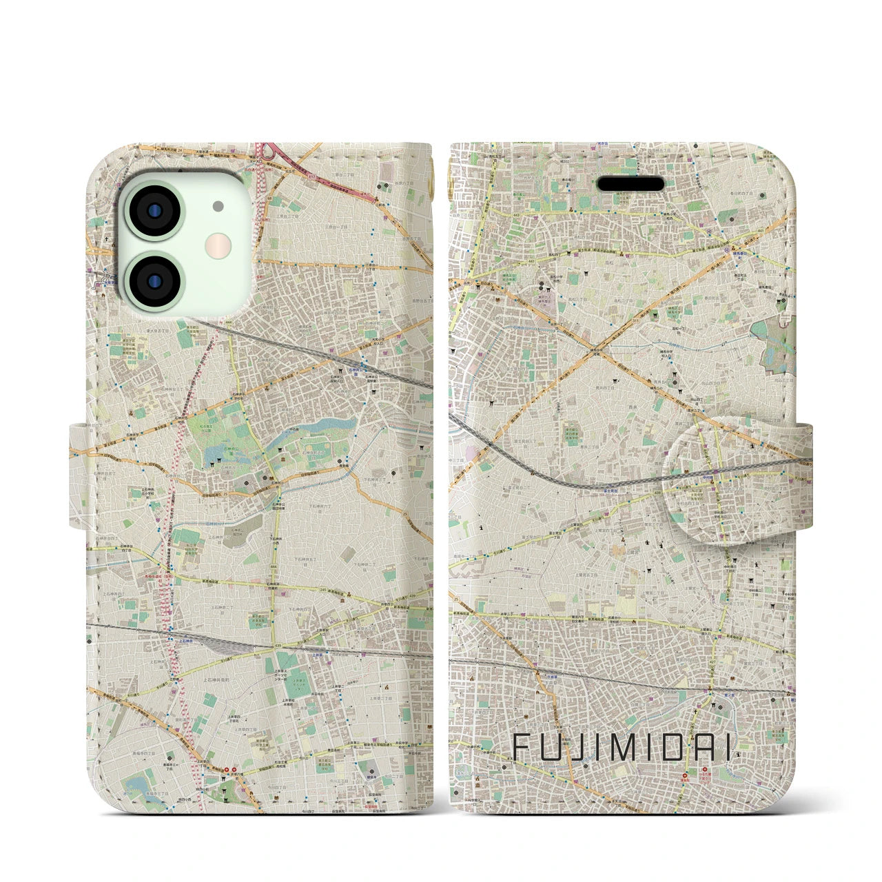 【富士見台(東京都)】地図柄iPhoneケース(手帳タイプ)ナチュラル・iPhone 12 mini 用