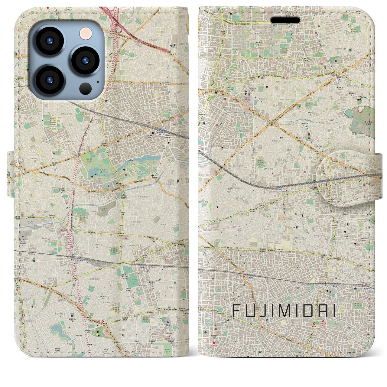 【富士見台(東京都)】地図柄iPhoneケース(手帳タイプ)ナチュラル・iPhone 13 Pro Max 用