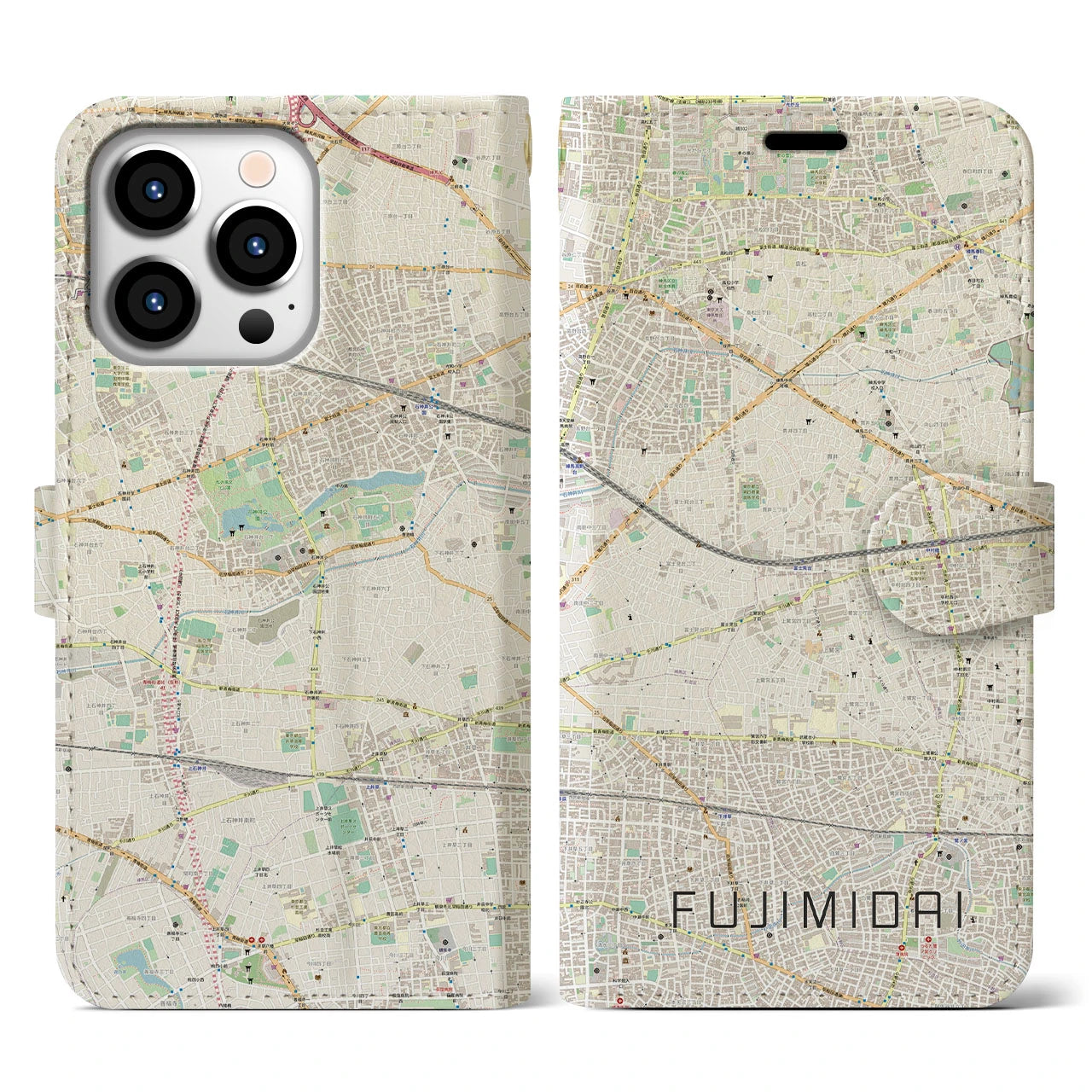 【富士見台(東京都)】地図柄iPhoneケース(手帳タイプ)ナチュラル・iPhone 13 Pro 用