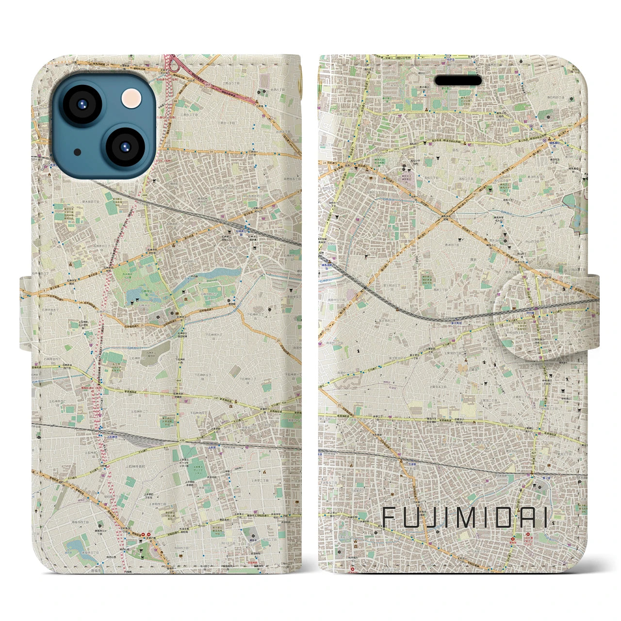 【富士見台(東京都)】地図柄iPhoneケース(手帳タイプ)ナチュラル・iPhone 13 用