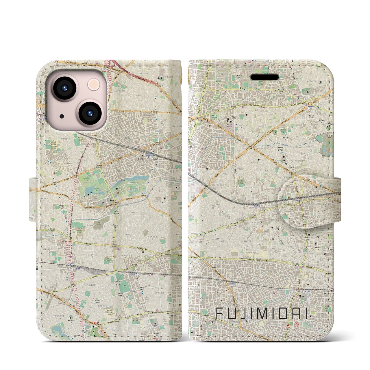 【富士見台(東京都)】地図柄iPhoneケース(手帳タイプ)ナチュラル・iPhone 13 mini 用