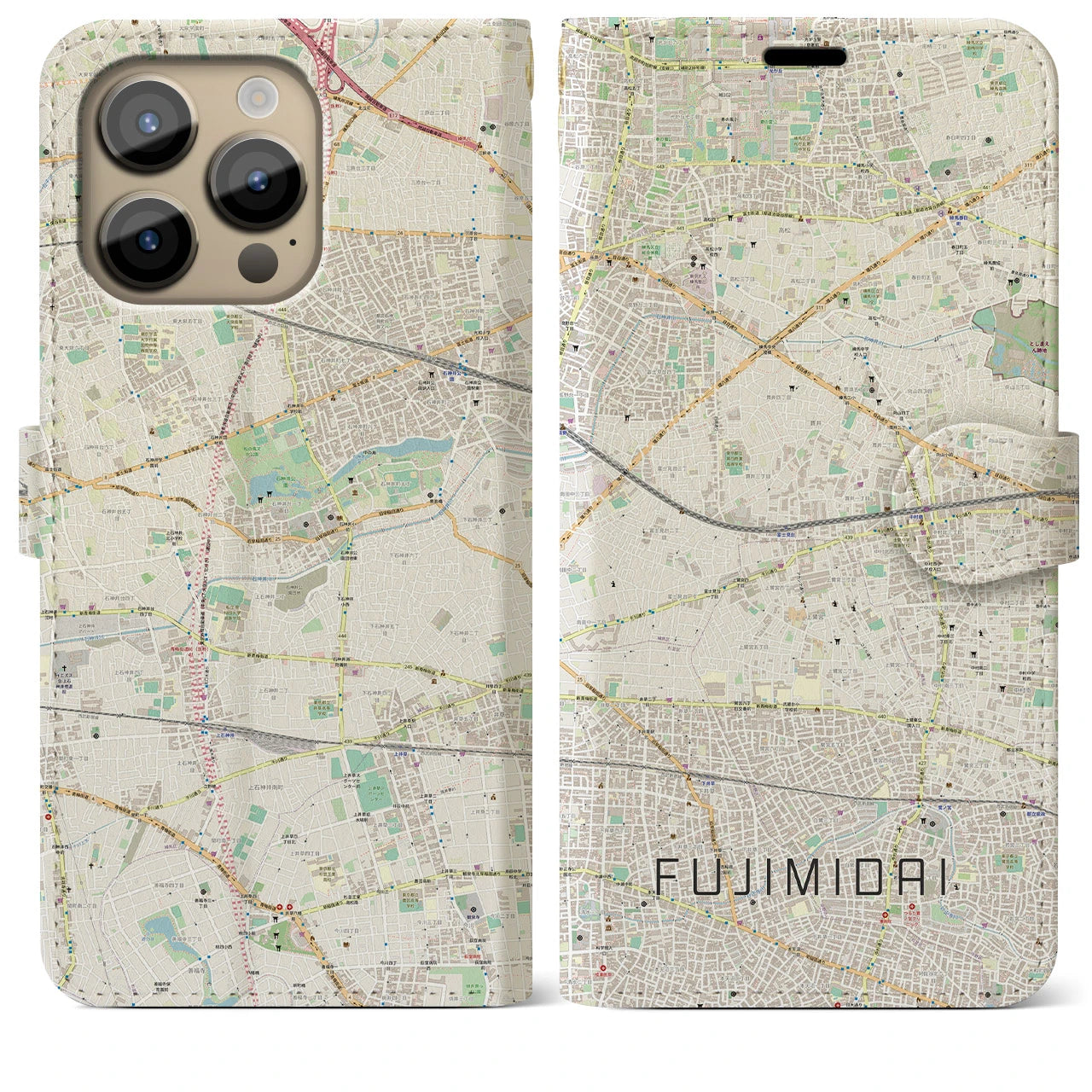 【富士見台(東京都)】地図柄iPhoneケース(手帳タイプ)ナチュラル・iPhone 14 Pro Max 用