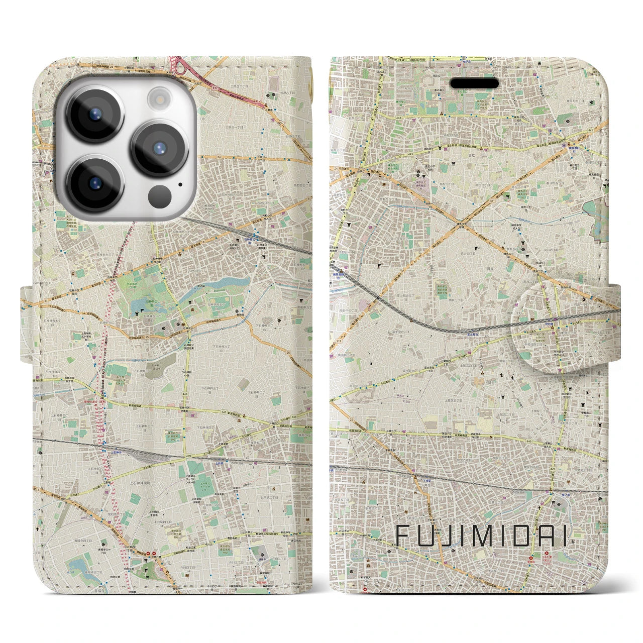 【富士見台(東京都)】地図柄iPhoneケース(手帳タイプ)ナチュラル・iPhone 14 Pro 用