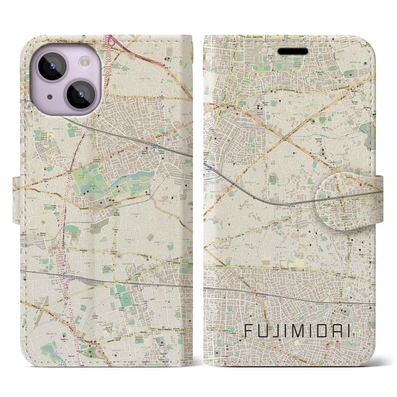【富士見台(東京都)】地図柄iPhoneケース(手帳タイプ)ナチュラル・iPhone 14 用