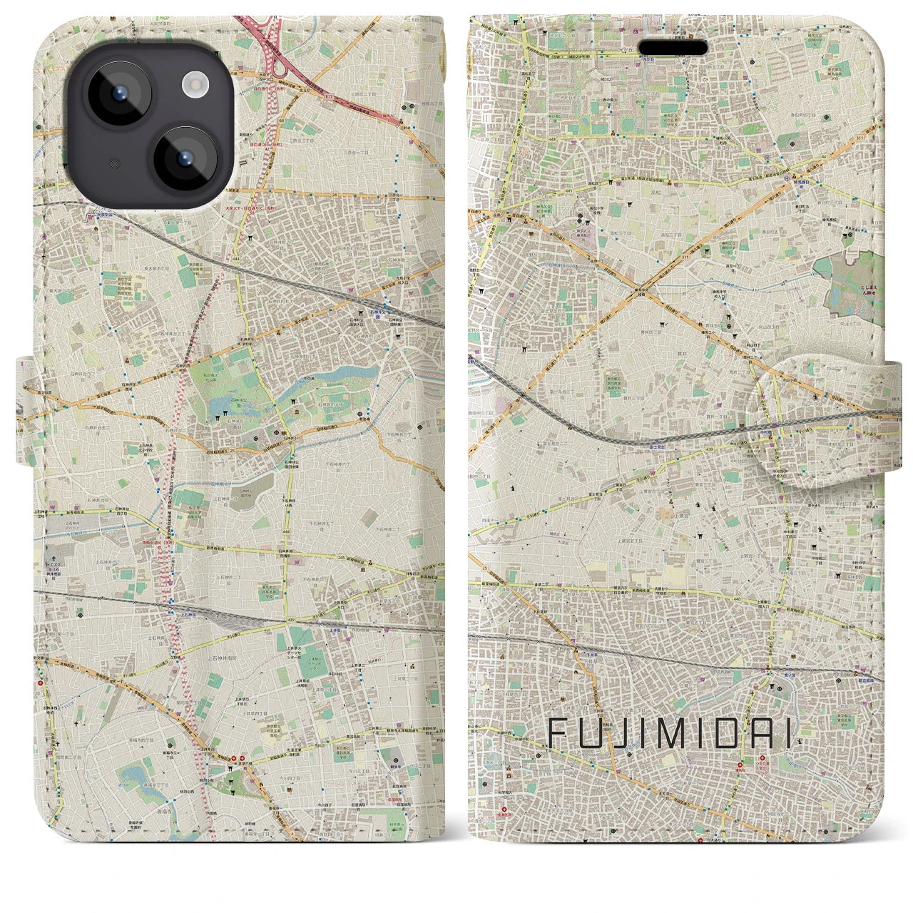 【富士見台(東京都)】地図柄iPhoneケース(手帳タイプ)ナチュラル・iPhone 14 Plus 用