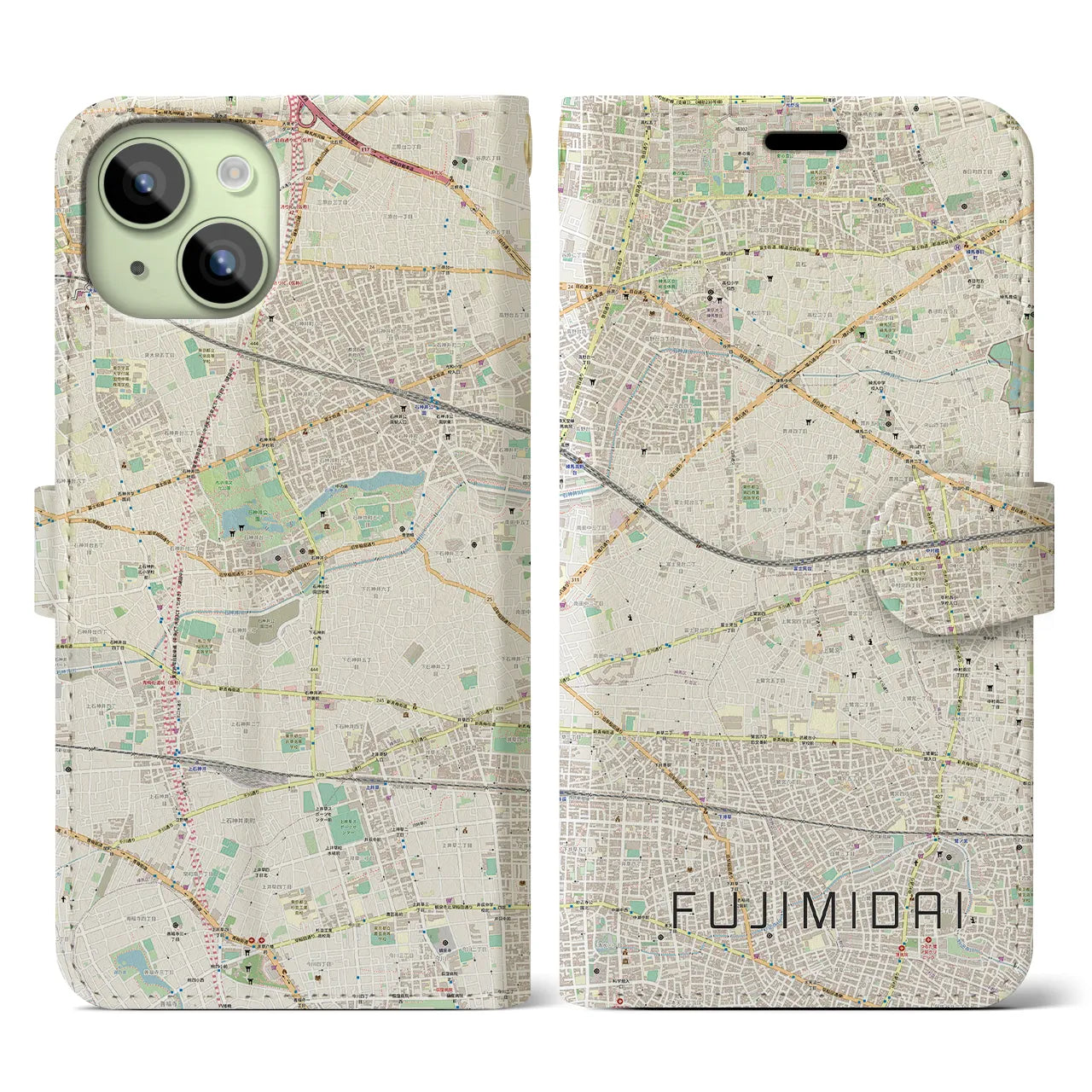 【富士見台(東京都)】地図柄iPhoneケース(手帳タイプ)ナチュラル・iPhone 15 用