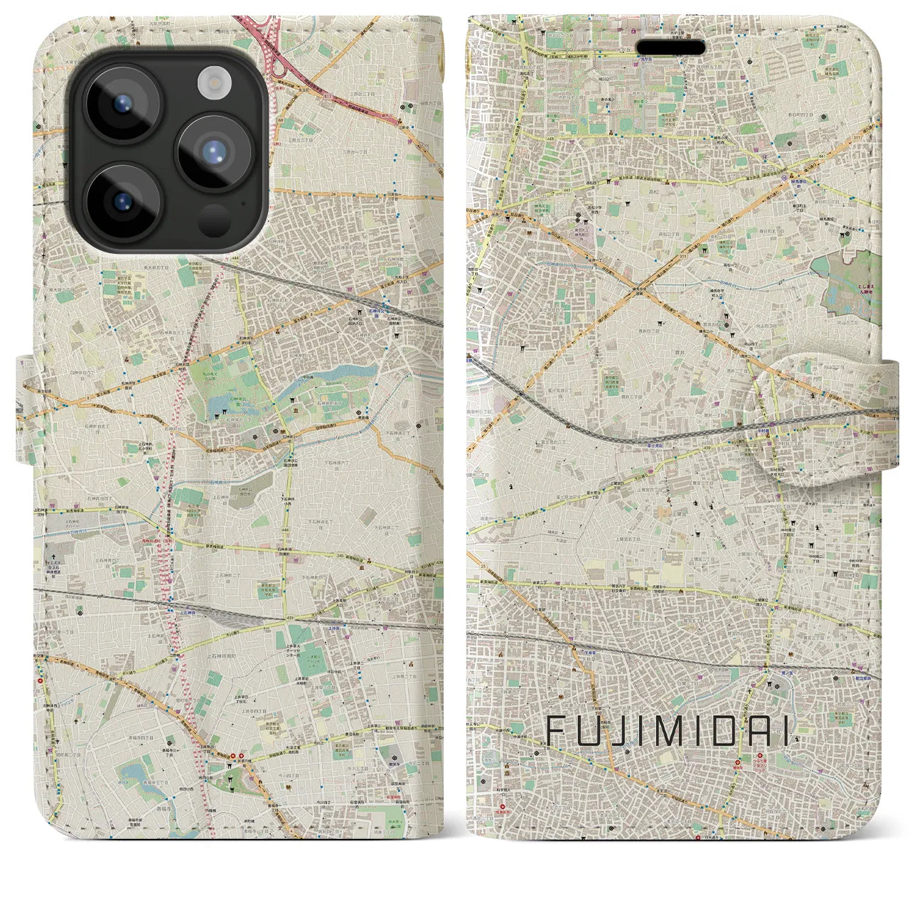 【富士見台(東京都)】地図柄iPhoneケース(手帳タイプ)ナチュラル・iPhone 15 Pro Max 用