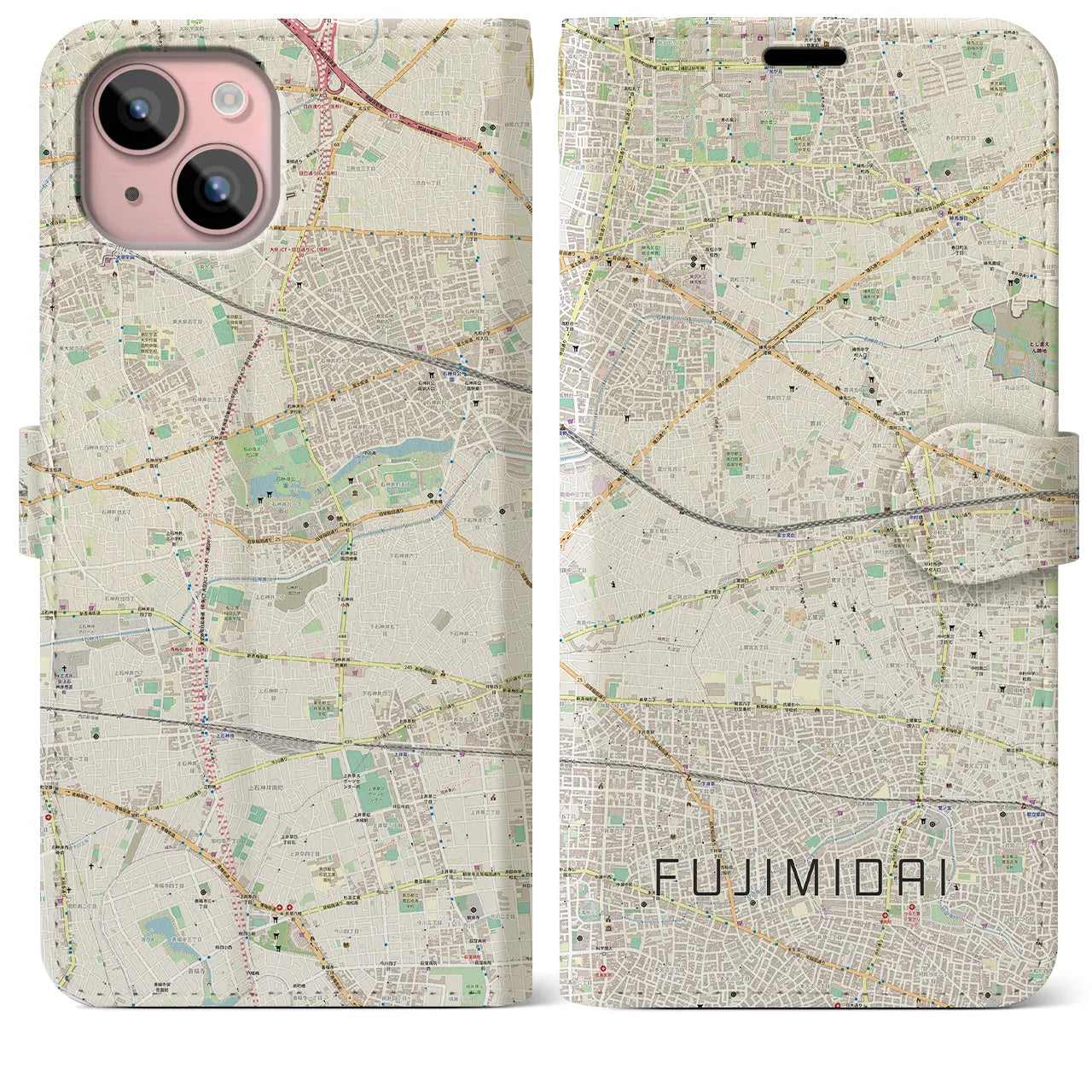 【富士見台(東京都)】地図柄iPhoneケース(手帳タイプ)ナチュラル・iPhone 15 Plus 用