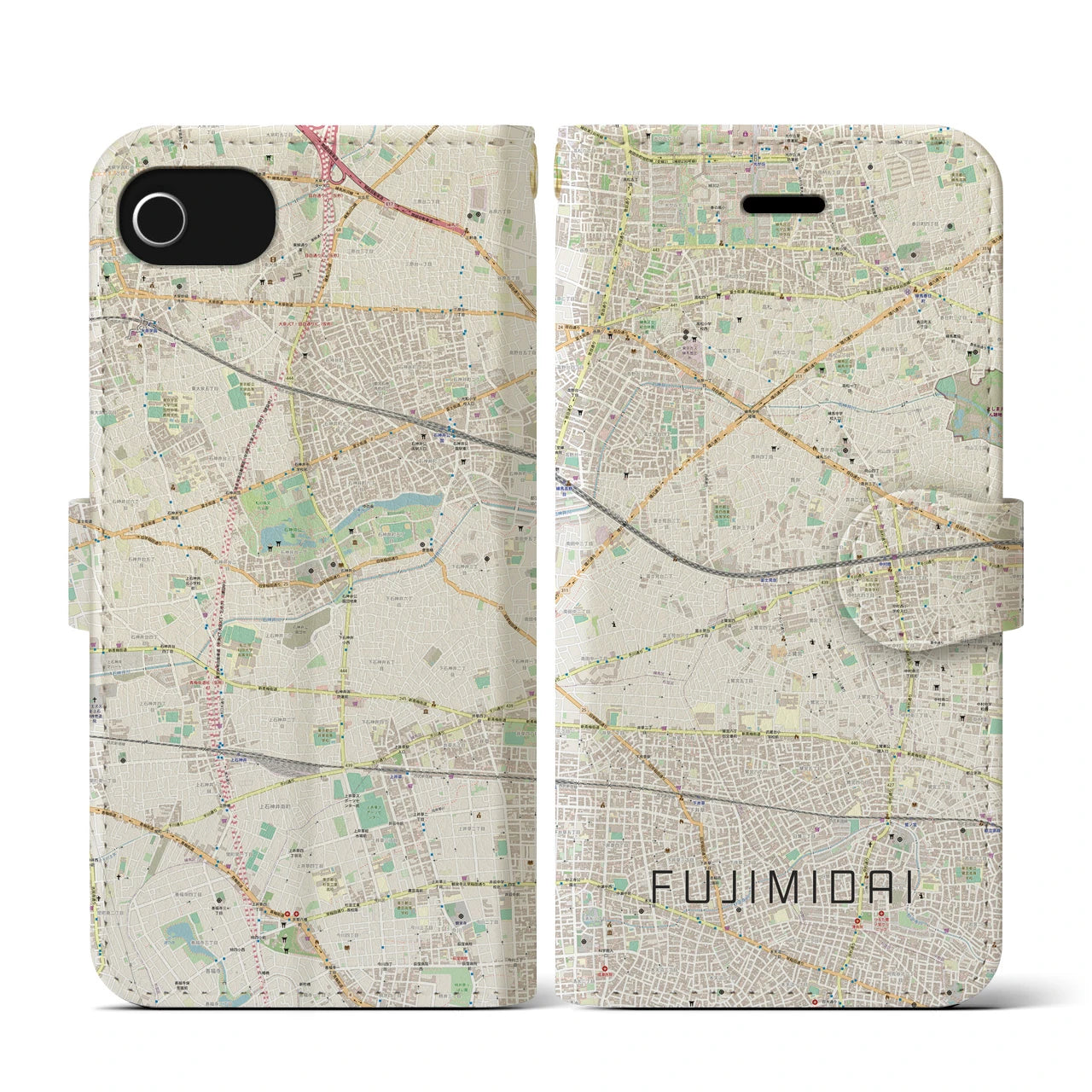 【富士見台(東京都)】地図柄iPhoneケース(手帳タイプ)ナチュラル・iPhone SE(第3 / 第2世代) / 8 / 7 / 6s / 6 用