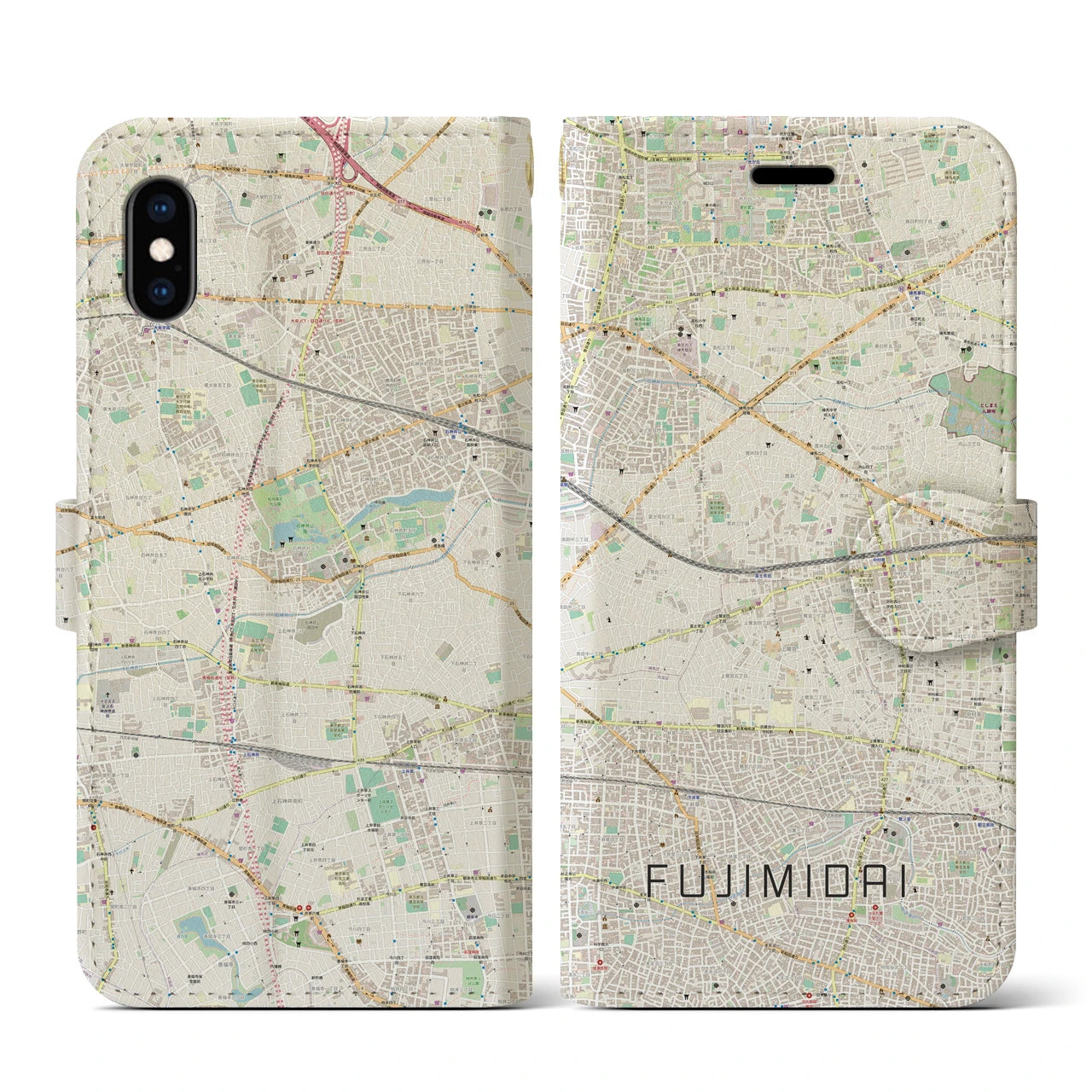 【富士見台(東京都)】地図柄iPhoneケース(手帳タイプ)ナチュラル・iPhone XS / X 用